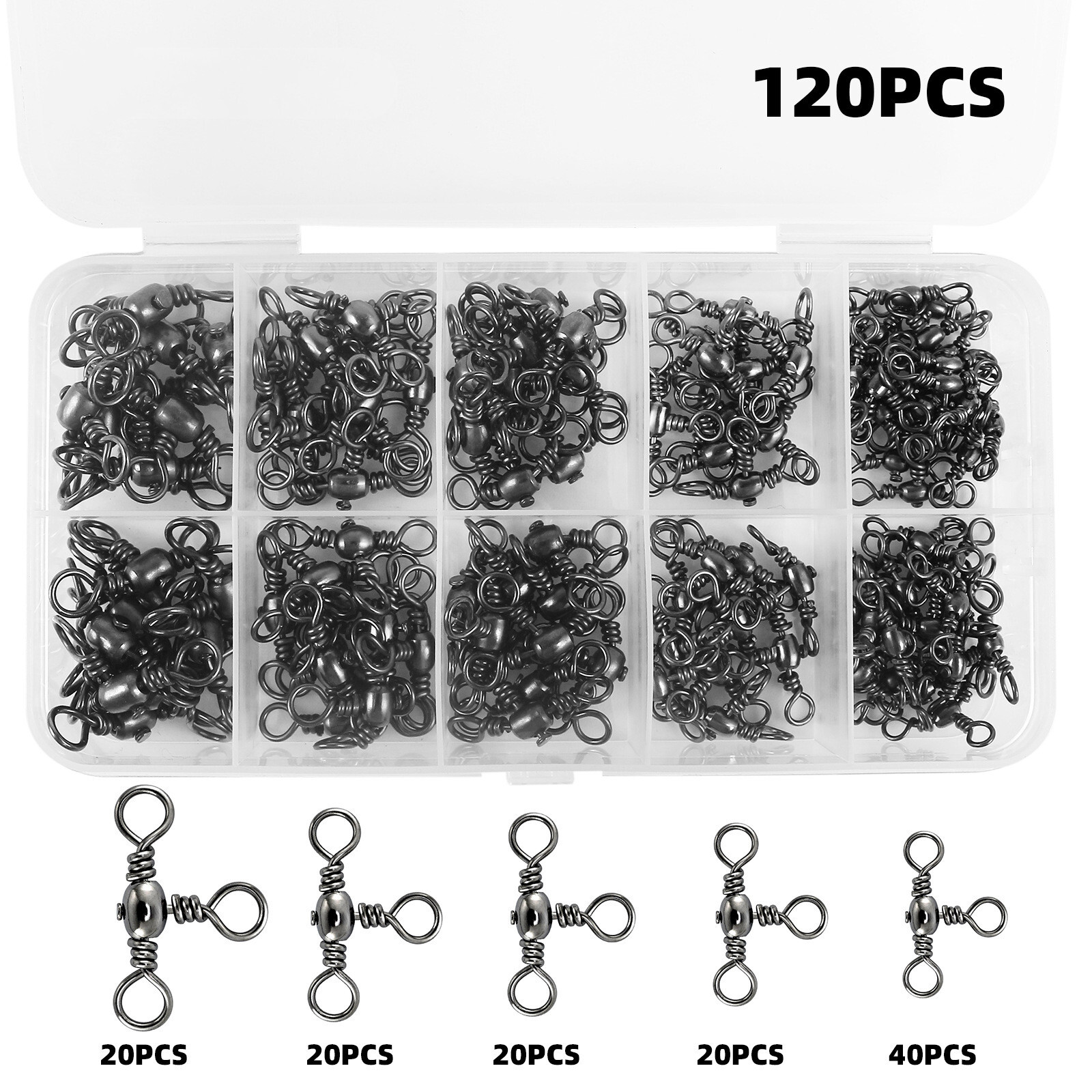 5 Size 3 Way Swivels Cross Line Barrel T-Turn Swivel Surf Fishing Tackle 120pcs