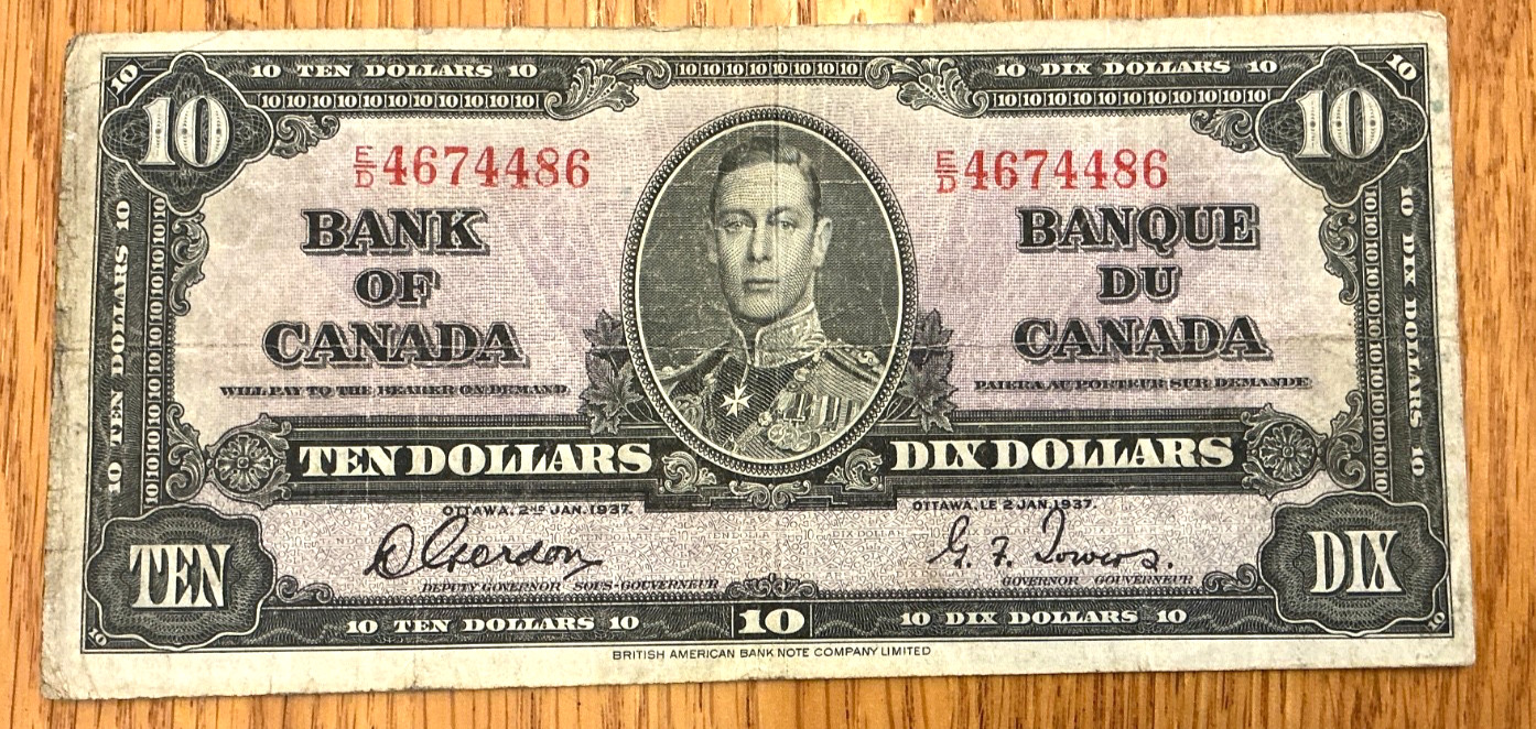 Mogi9 Canada F12 BC-24b ten dollars 1937  paper note Gordon Towers