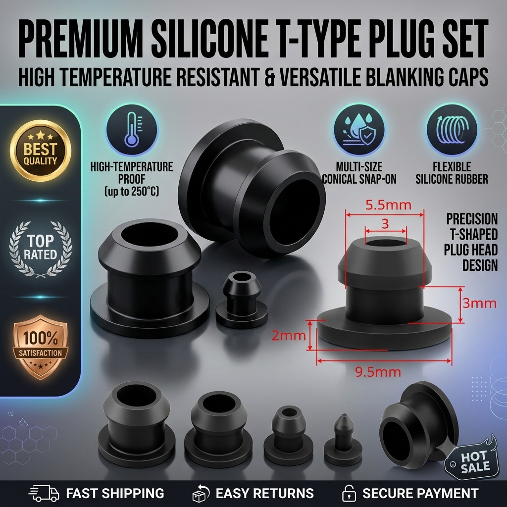 15PCS Black Conical Snap-On Silicone Rubber T Type Plug Blanking End Caps 2