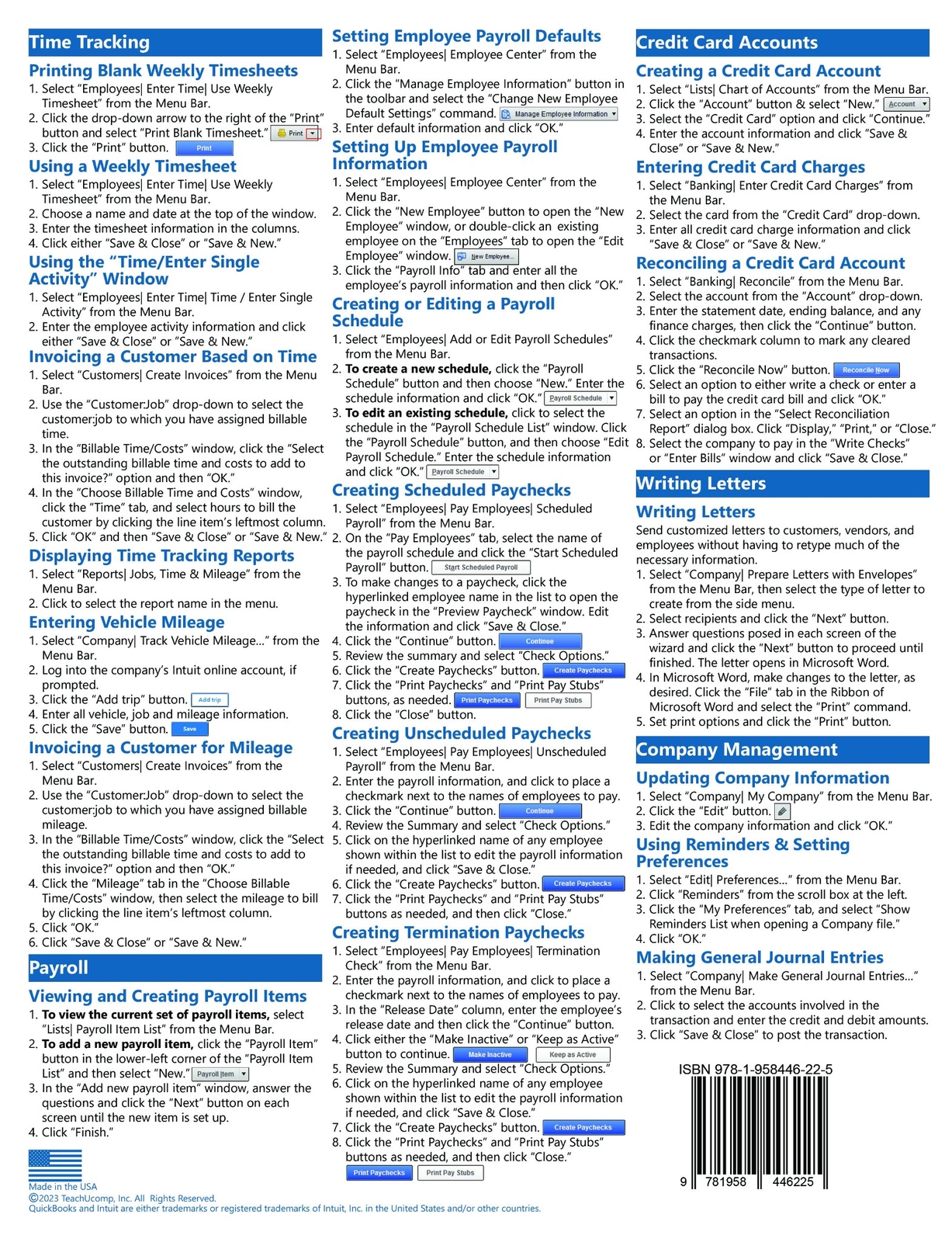 QuickBooks Pro 2024 Training Guide Quick Reference Card 4 Page Cheat Sheet