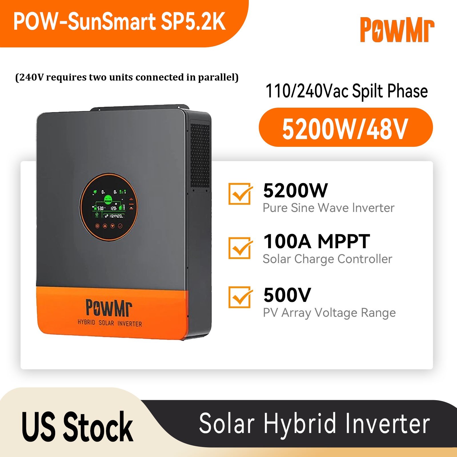 PowMr 5200W 48V Hybrid Solar Inverter 110V/240V Split Phase 100A MPPT Controller