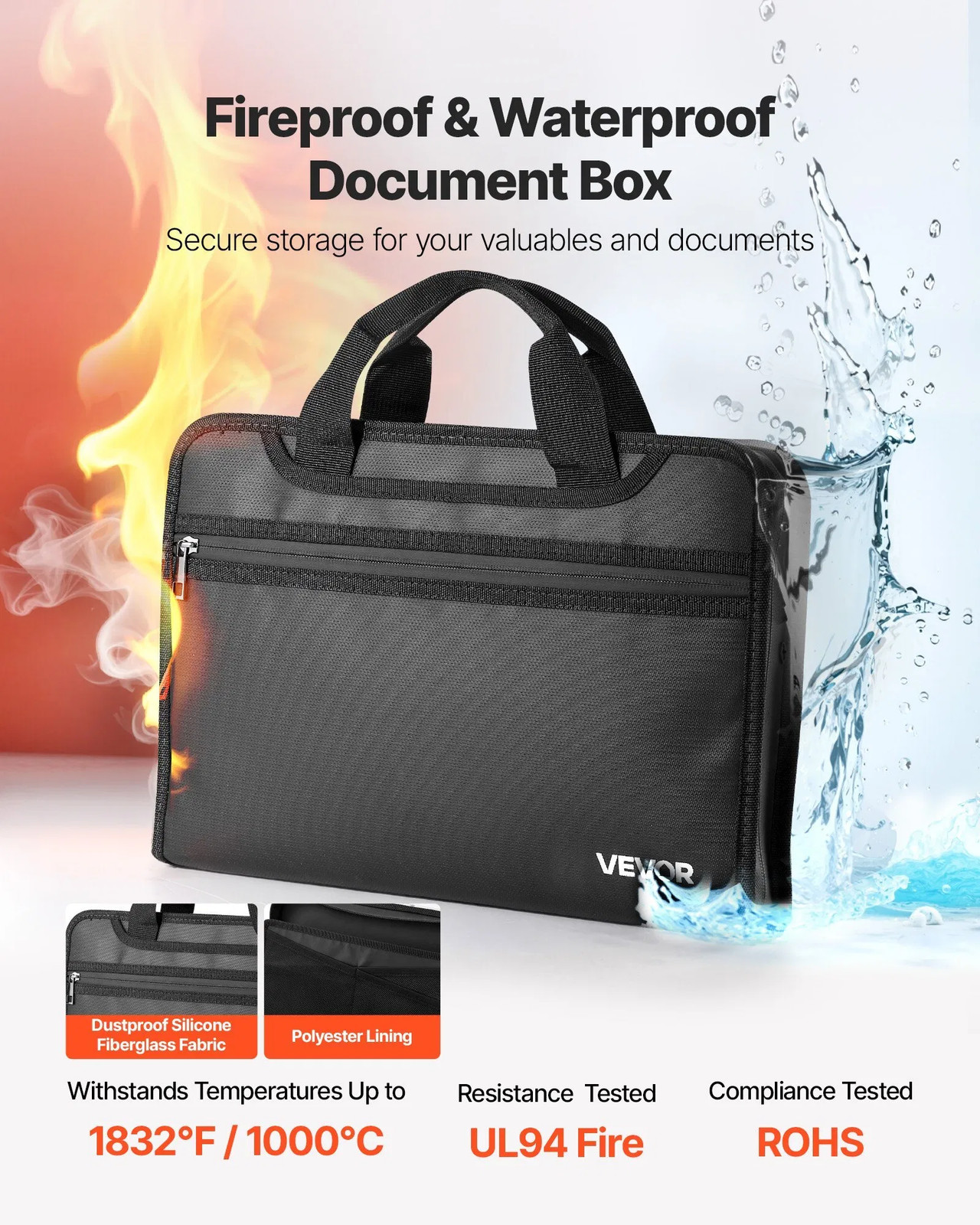 Fireproof Document Bag, 1832 ℉ Heat Insulated Fireproof & Waterproof Bag, Porta