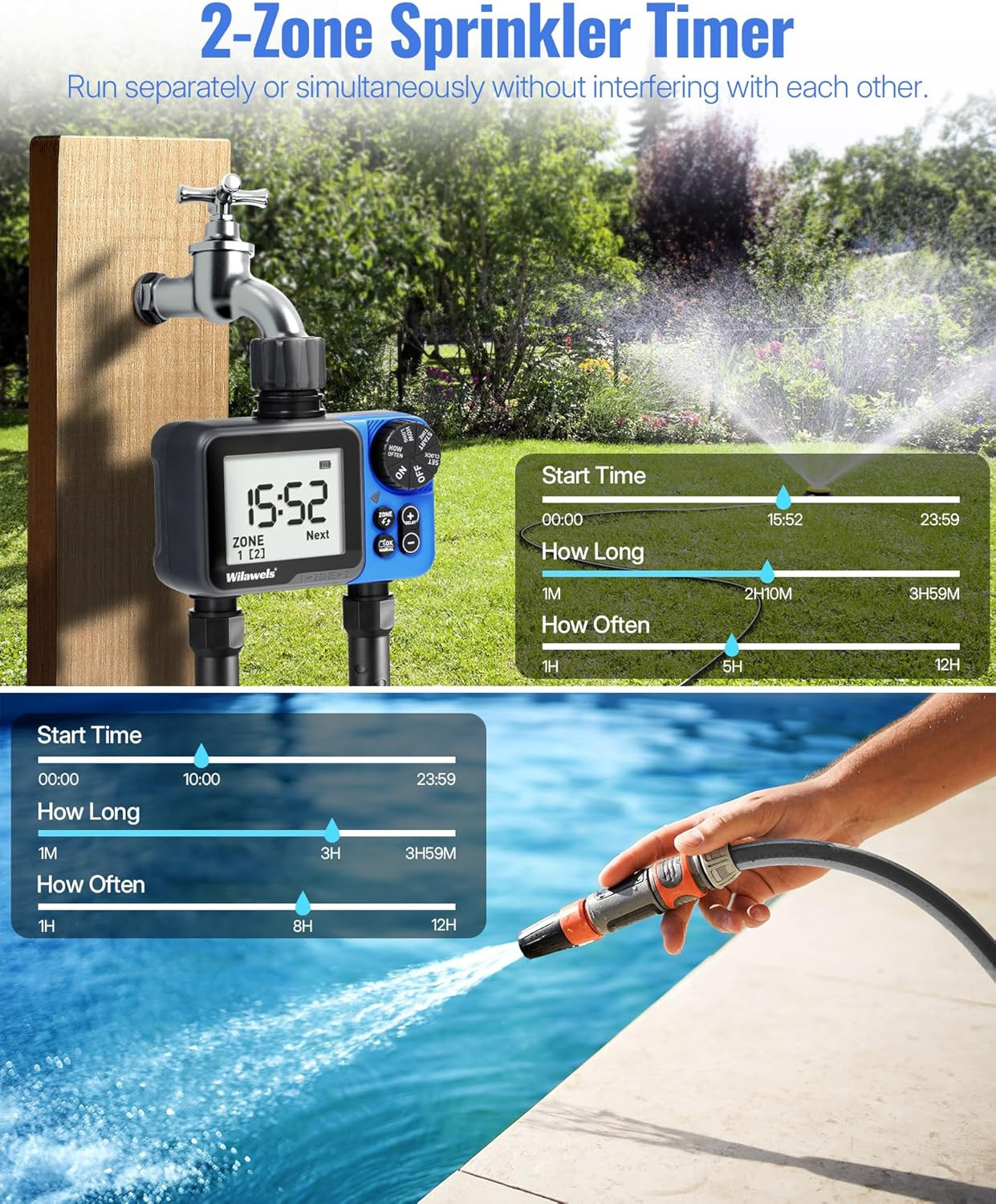 Water Timer for Garden Hose, 2 Zone Sprinkler Timer, Automatic Irrigation System