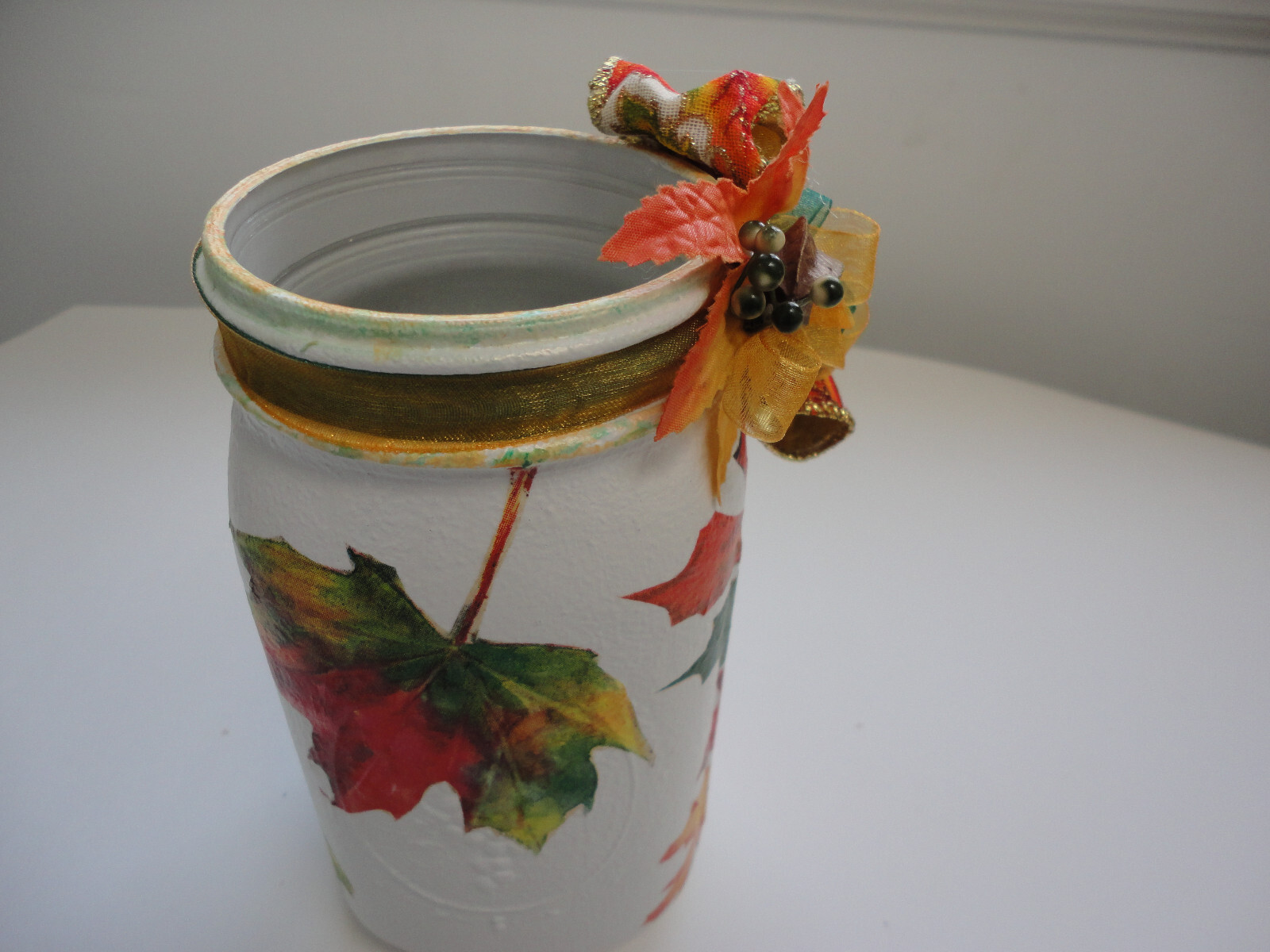Decoupage Quart Mason Jar, Autumn Leaves or Harvest TIme ( Handmade)