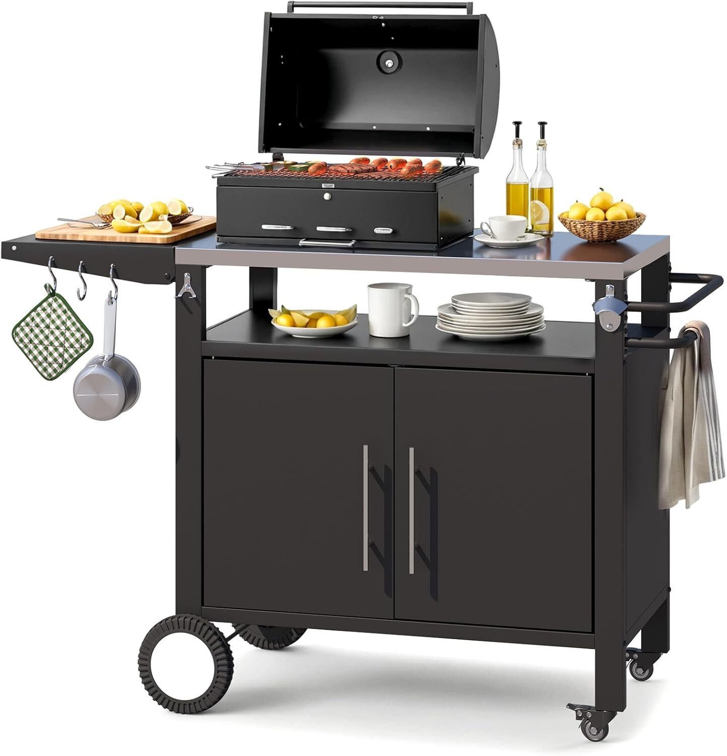 Outdoor Grill Table with Storage Cabinet, Rolling Bar Grill Cart with Wheels