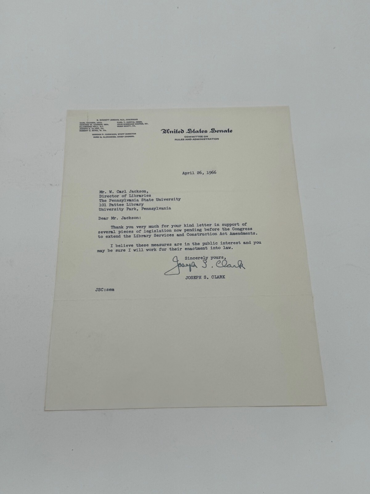 1966 Pennsylvania Senator Joseph Clark Autographed Signed Letter