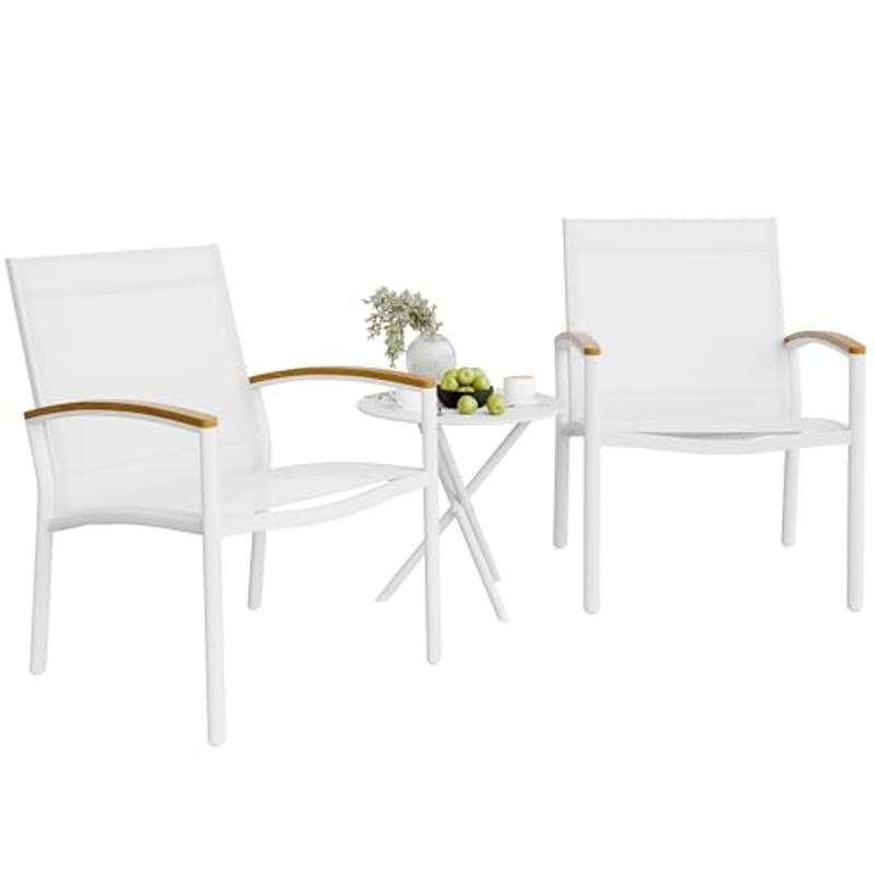 Textilene Fabric Patio Bistro Set Rust-Resistant Steel Frame Easy Assembly White