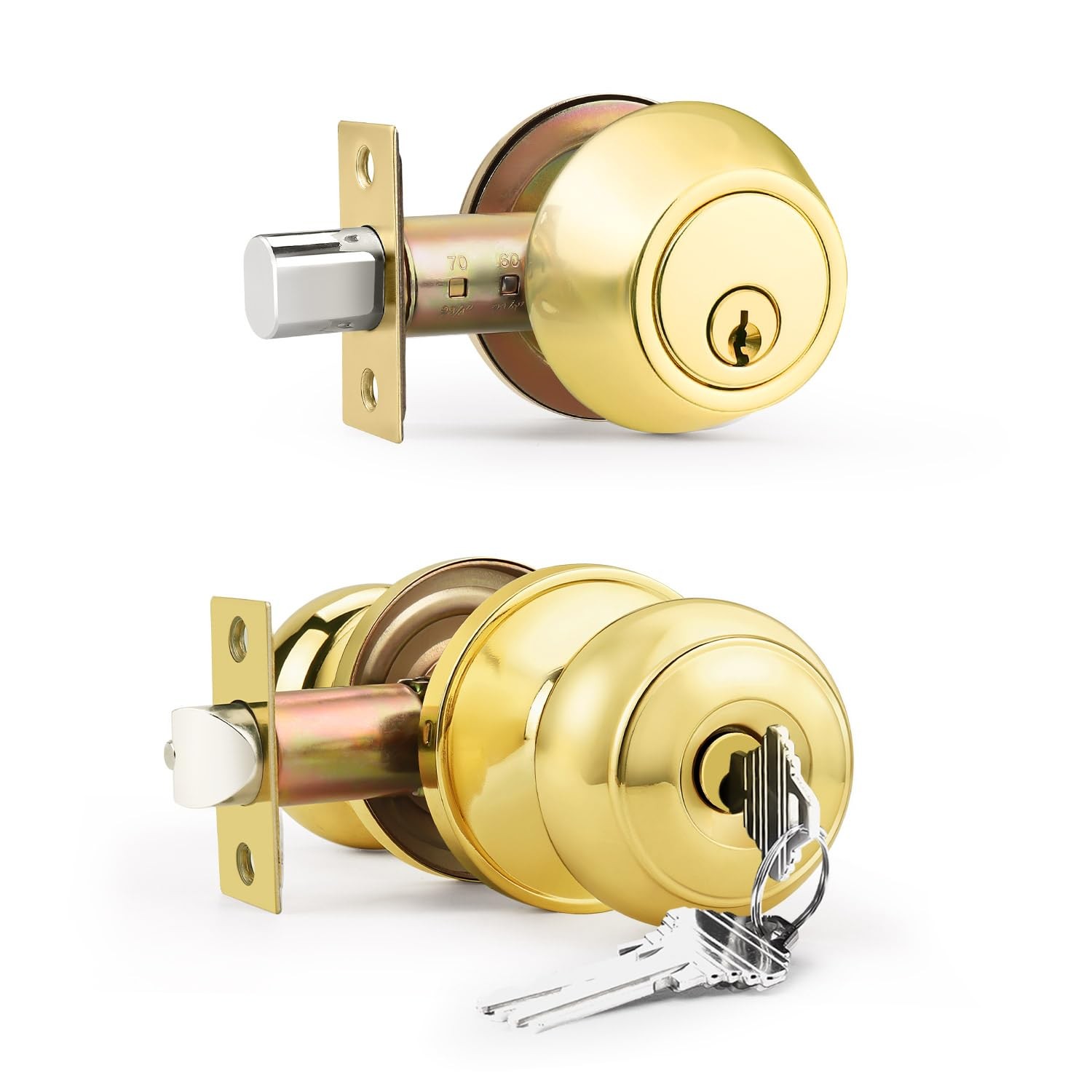 Brotima 1 Pack Keyed Alike Front Door Knob and 1 Pack, Polished Brass