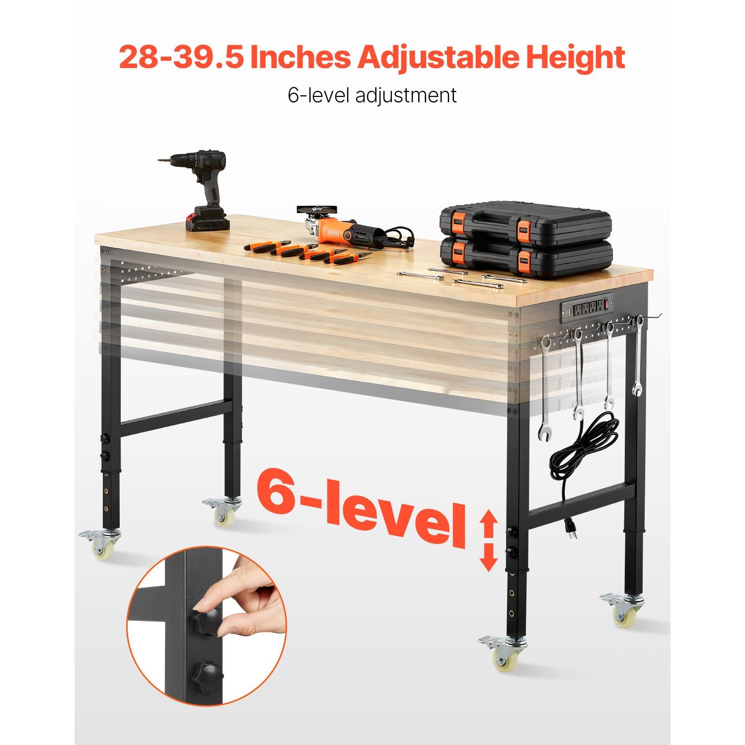 Adjustable Workbench 60in Oak Top Power Outlet Garage Workshop