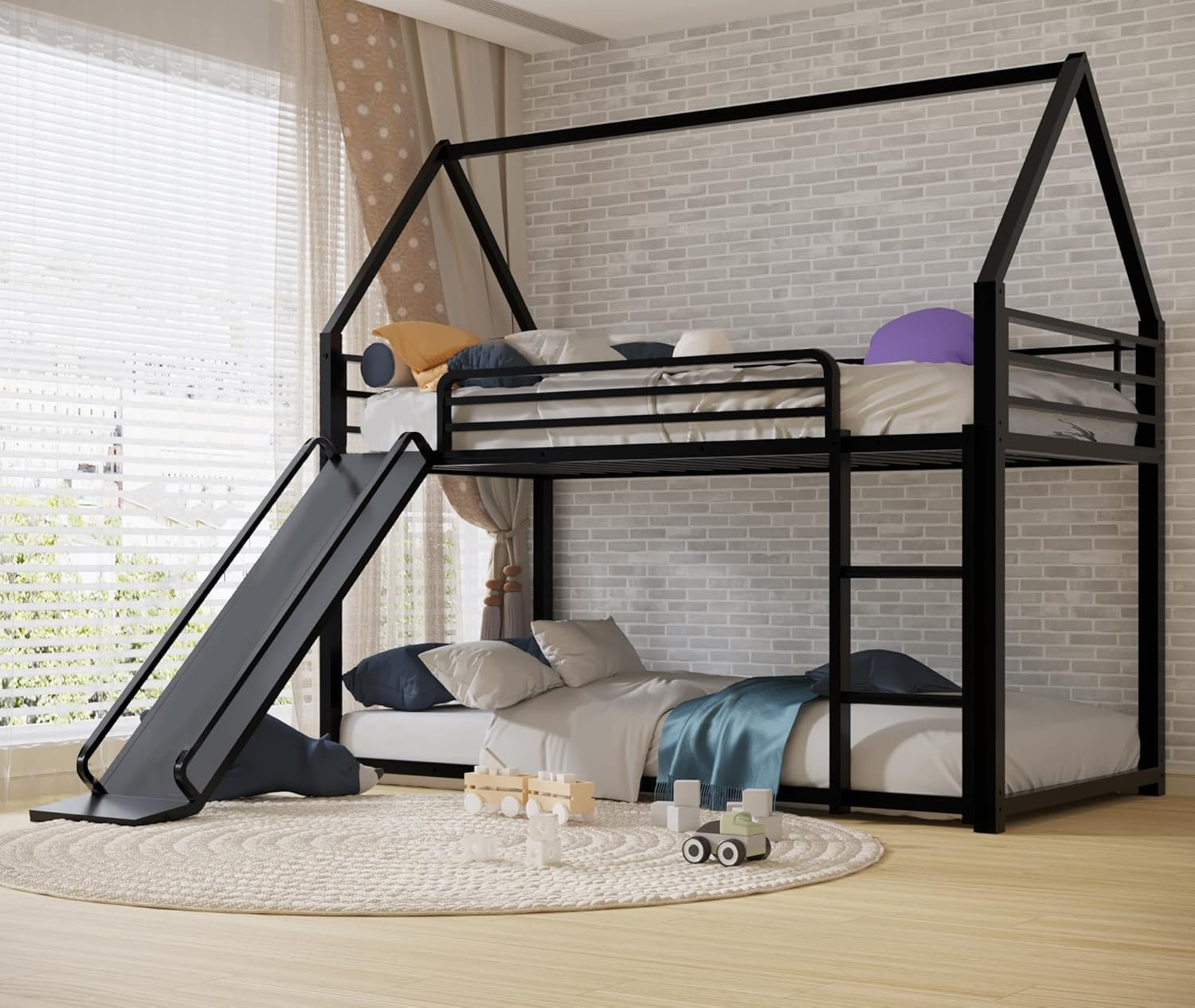 Twin over Twin Bunk Bed with Slide,House Shaped Bedframe W/Ladder, Heavy Duty Lo