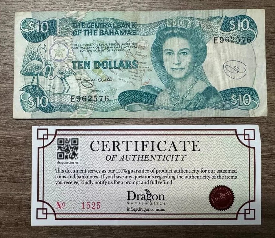 Bahamas 10 Dollars 1984 QE II, Circulated Banknote Bills Paper Money Note P46B