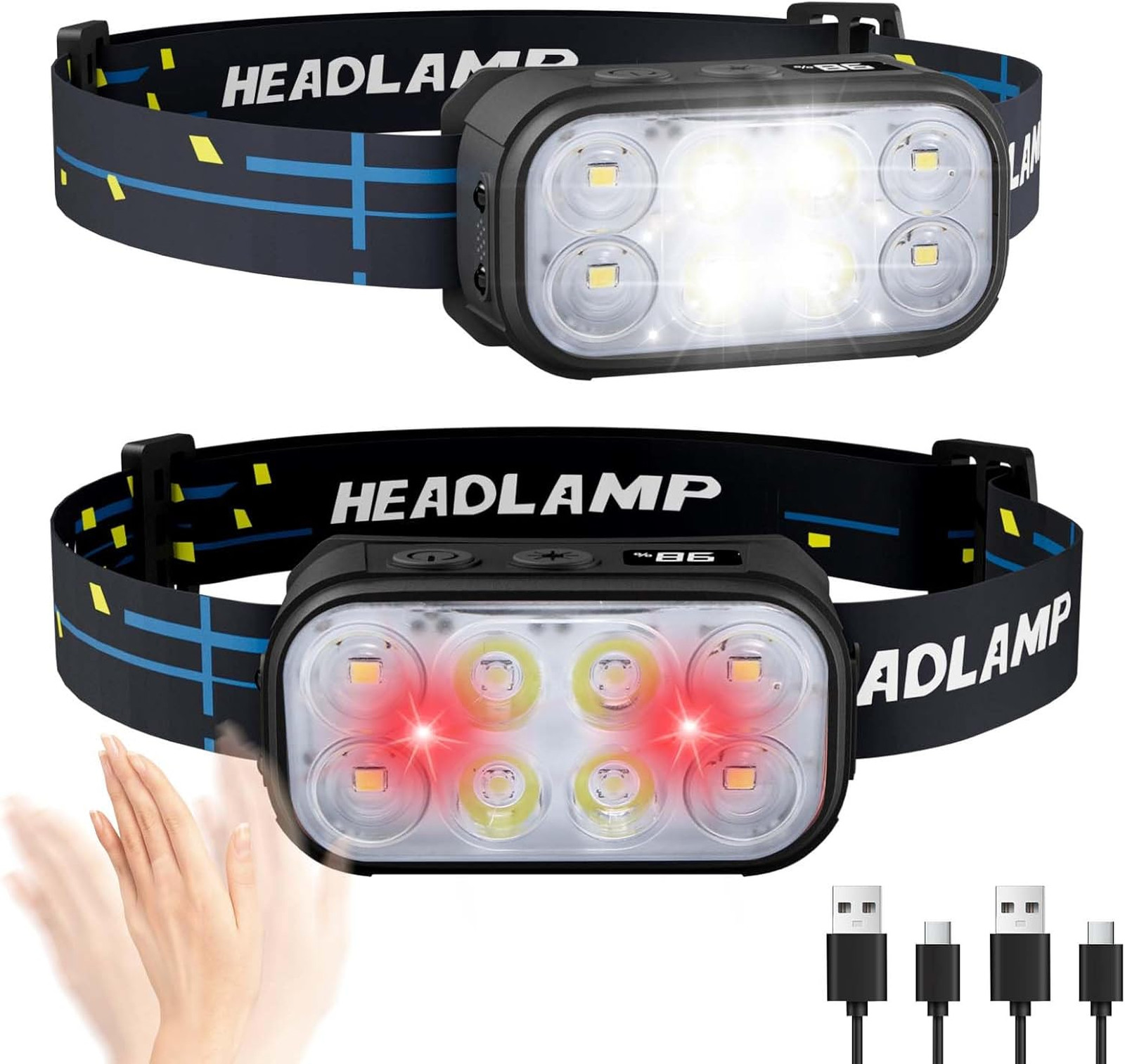 Headlamp Rechargeable 1500 Lumen Waterproof LED 12 Modes Motion Sensor for