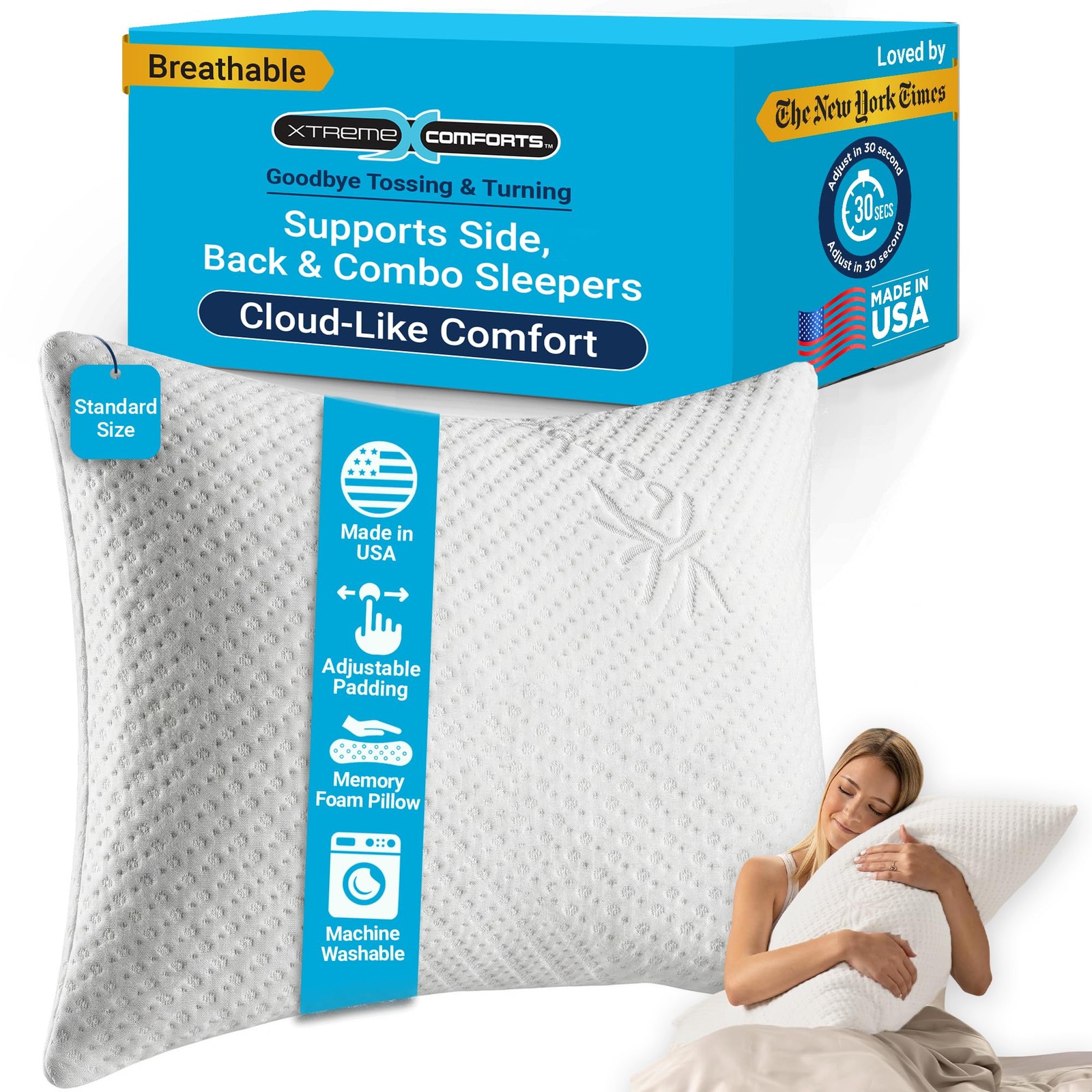 Standard Bed Pillow for Sleeping | Adjustable Shredded Memory Foam Pillows wi...