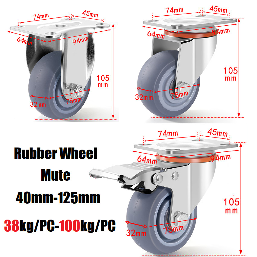 Heavy Duty 40mm-125mm Swivel Castor Wheel Trolley Furniture Casters Rubber Mute