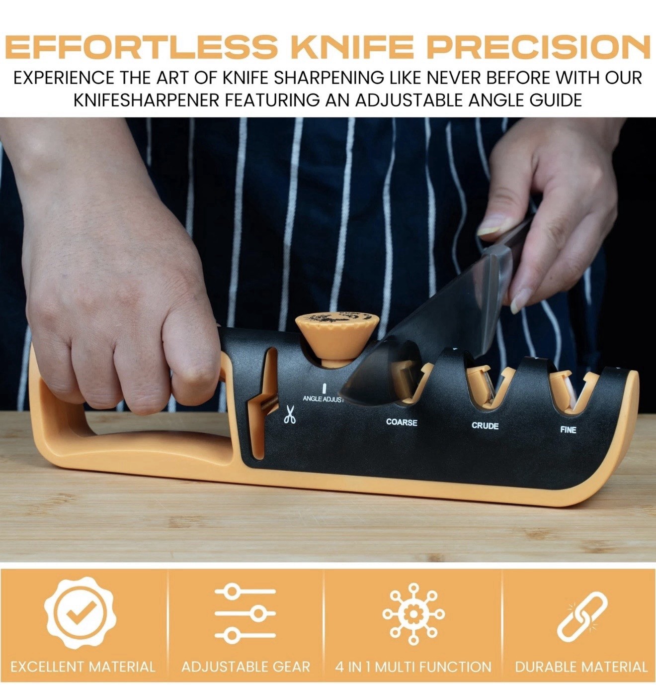 Knife Sharpener for Kitchen ; 4-in-1 Manual Sharpener, Adjustable Angle Guide