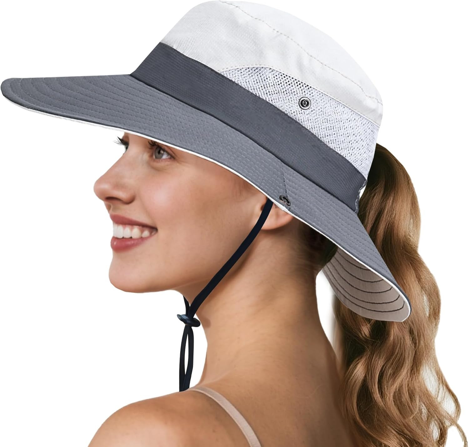 Ponytail Sun Bucket Hats for Men and Women - UPF 50+ Wide Brim Fishing Hats