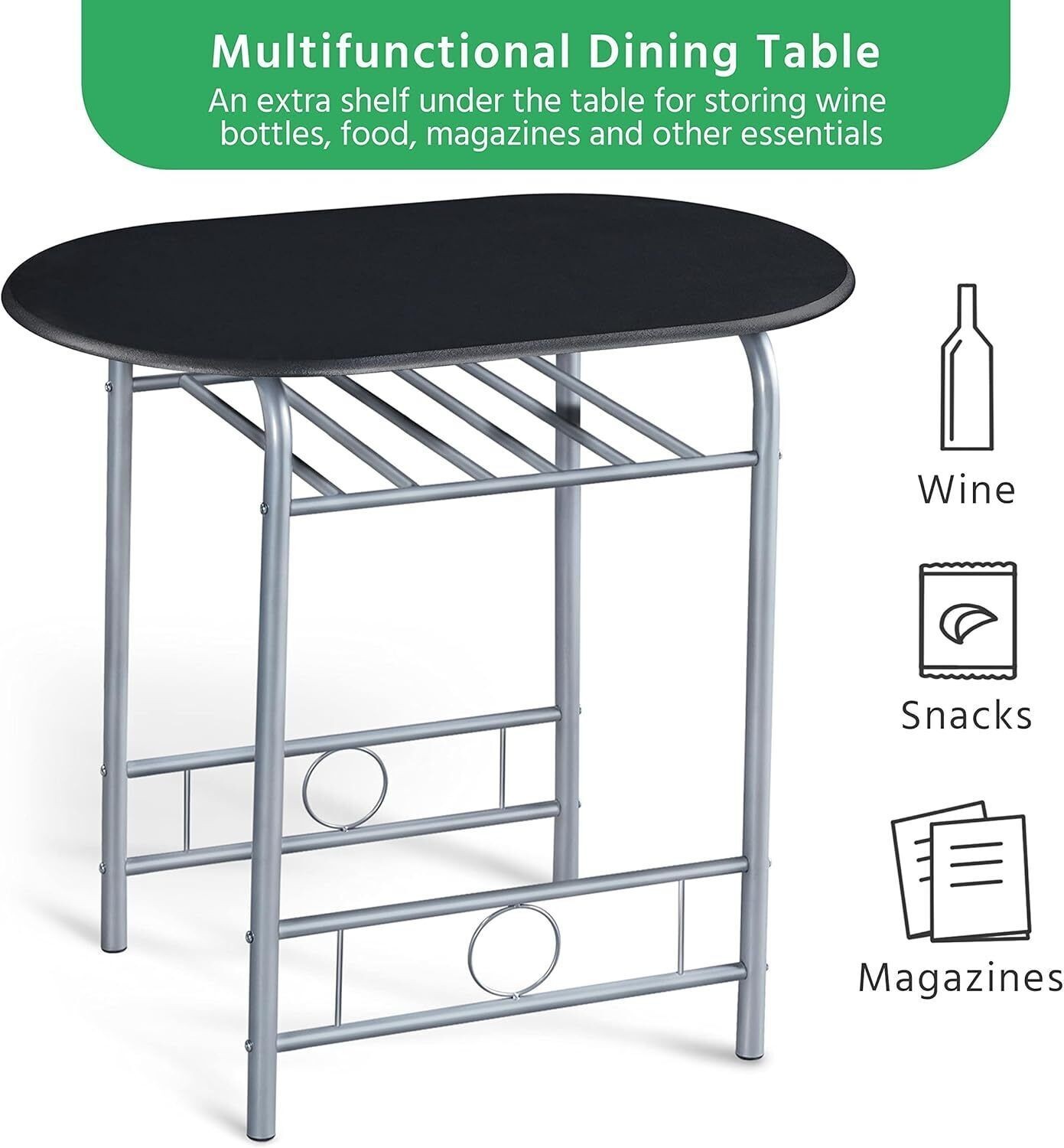 3PCS Dining Room Table Set Kitchen Table & Chair Sets Compact Table w/Steel Legs