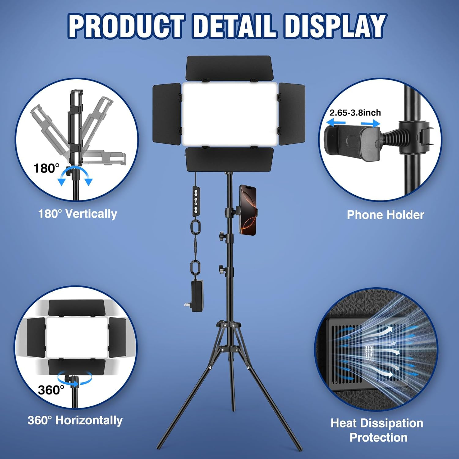2 Pack LED Video Light Kit with Barn Door, 30W Photography Light Panel with Sta