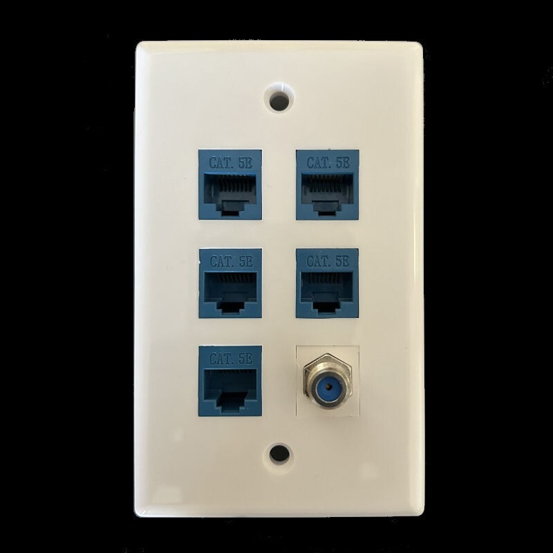 6 Port 1-Gang 5 CAT5E RJ45 Ethernet LAN F type Coax 3G Cable TV F/F Wall Plate