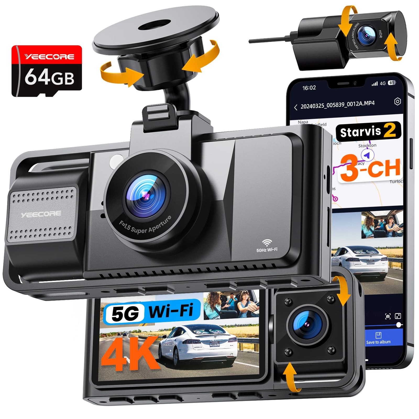 Real 4K 3 Channel Dash Cam Front and Rear Inside, STARVIS 2 HDR Sensor, 5.8GH...