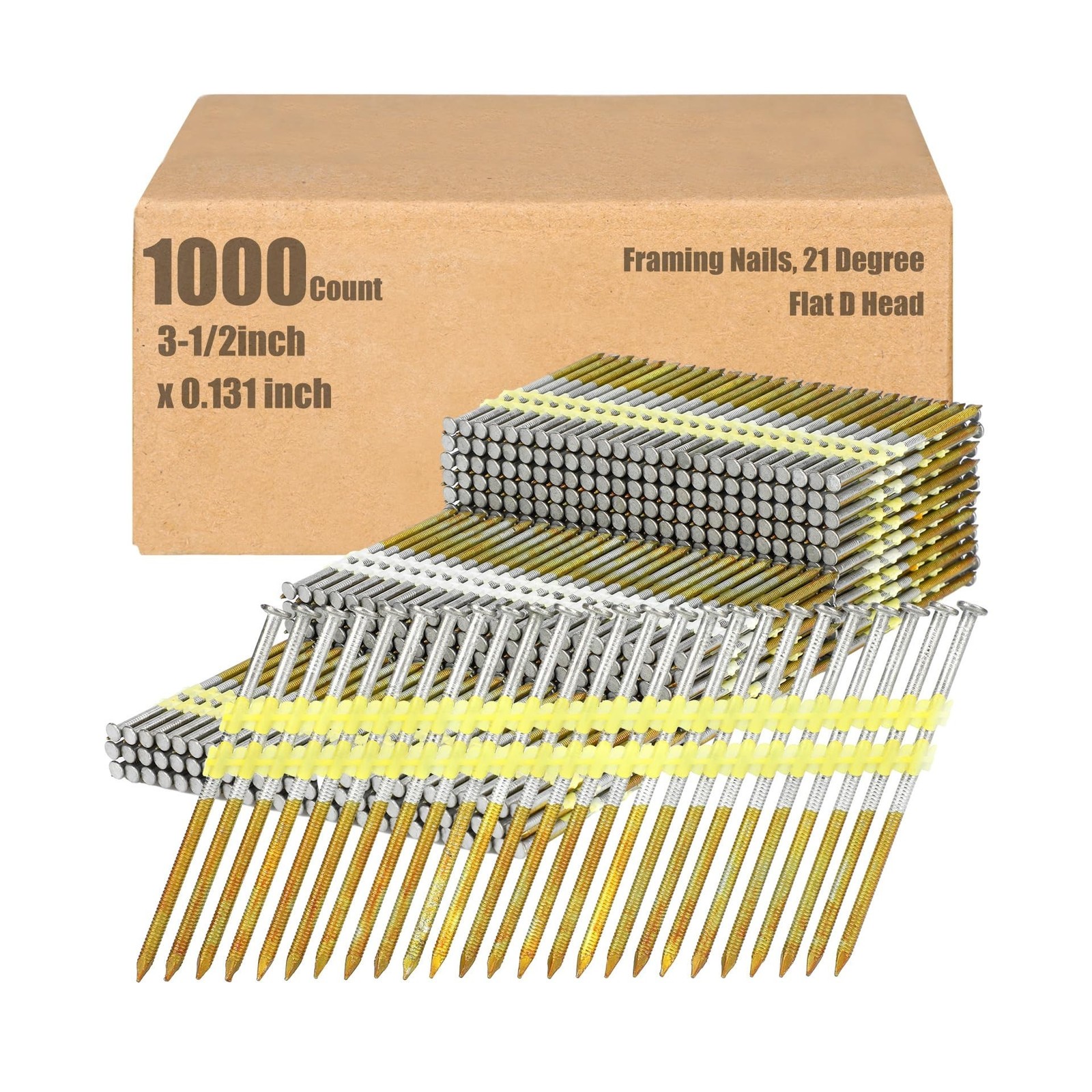 Therwen 1000 Count 3-1/2 Inch x 0.131 Inch Framing Nails, 21 Degree, Flat D H...