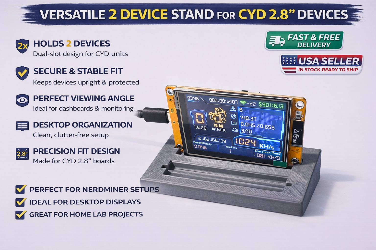2 Slot Stand for CYD 2.8 ESP32-2432S028 | Fits NerdMiner V2 NMminer Devices