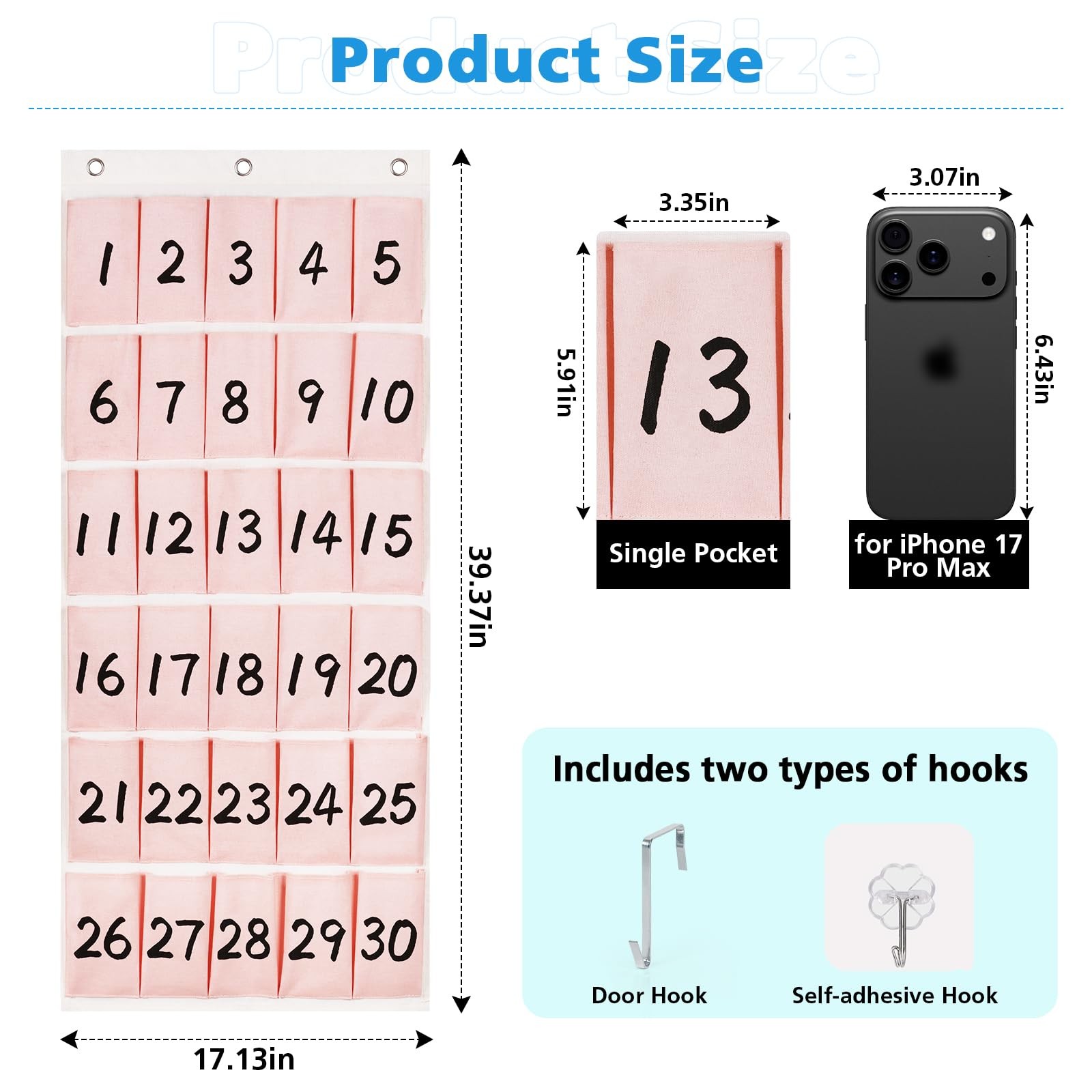 30 Pockets Numbered Classroom Cell Phone Organizer Storage Hooks Hooks