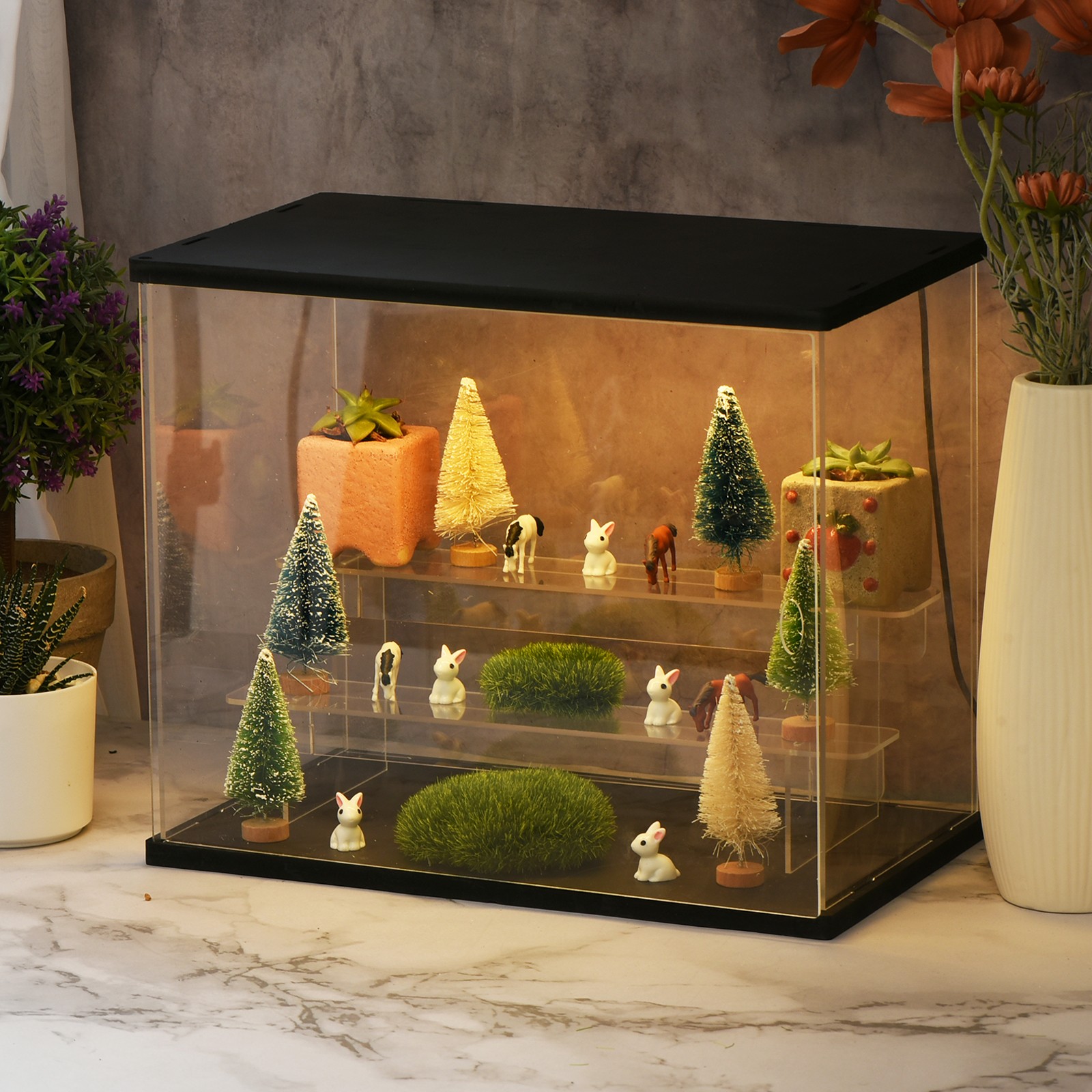 4 Tier Acrylic Display Case with LED Light Transparent Dustproof Showcase Black