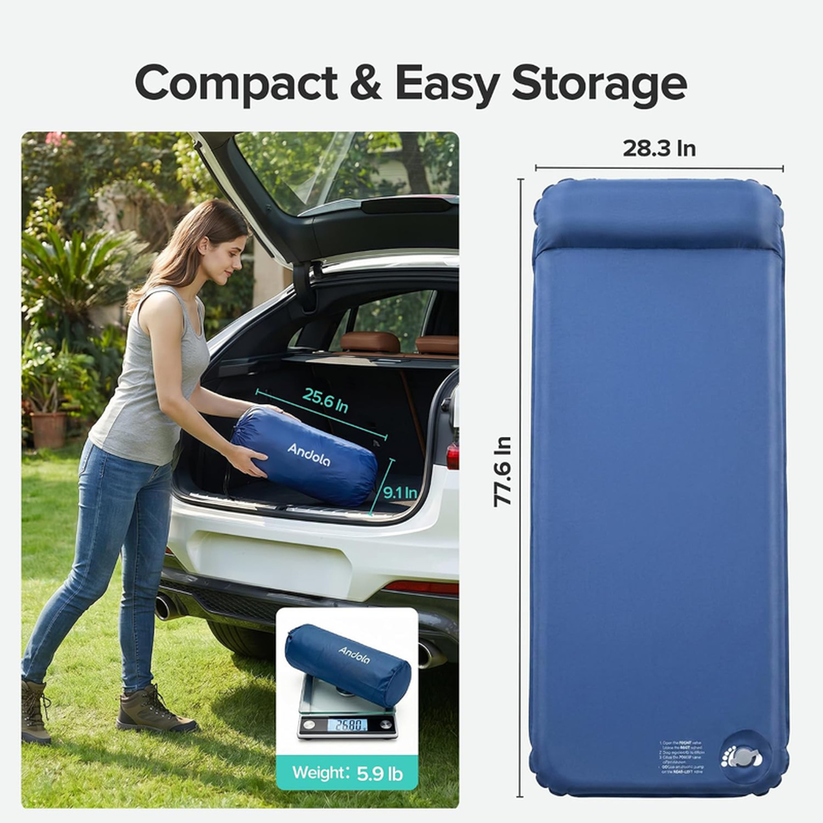 Self Inflating Sleeping Pad for Camping, 3 Inch Thick Memory Foam Sleeping Pad