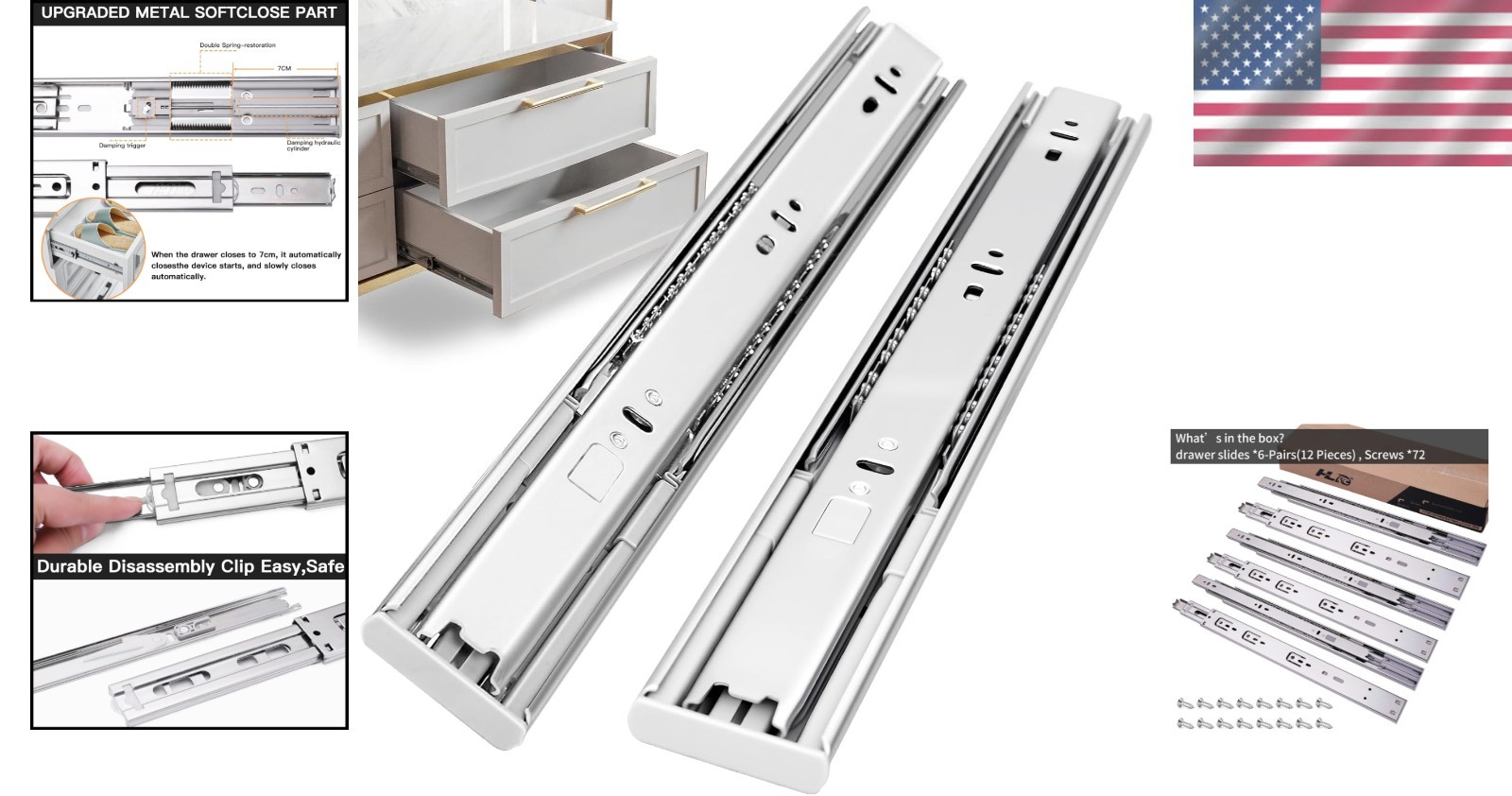 22-Inch Silver Self-Close Drawer Slides, Durable, 6 Pairs for Easy Installation