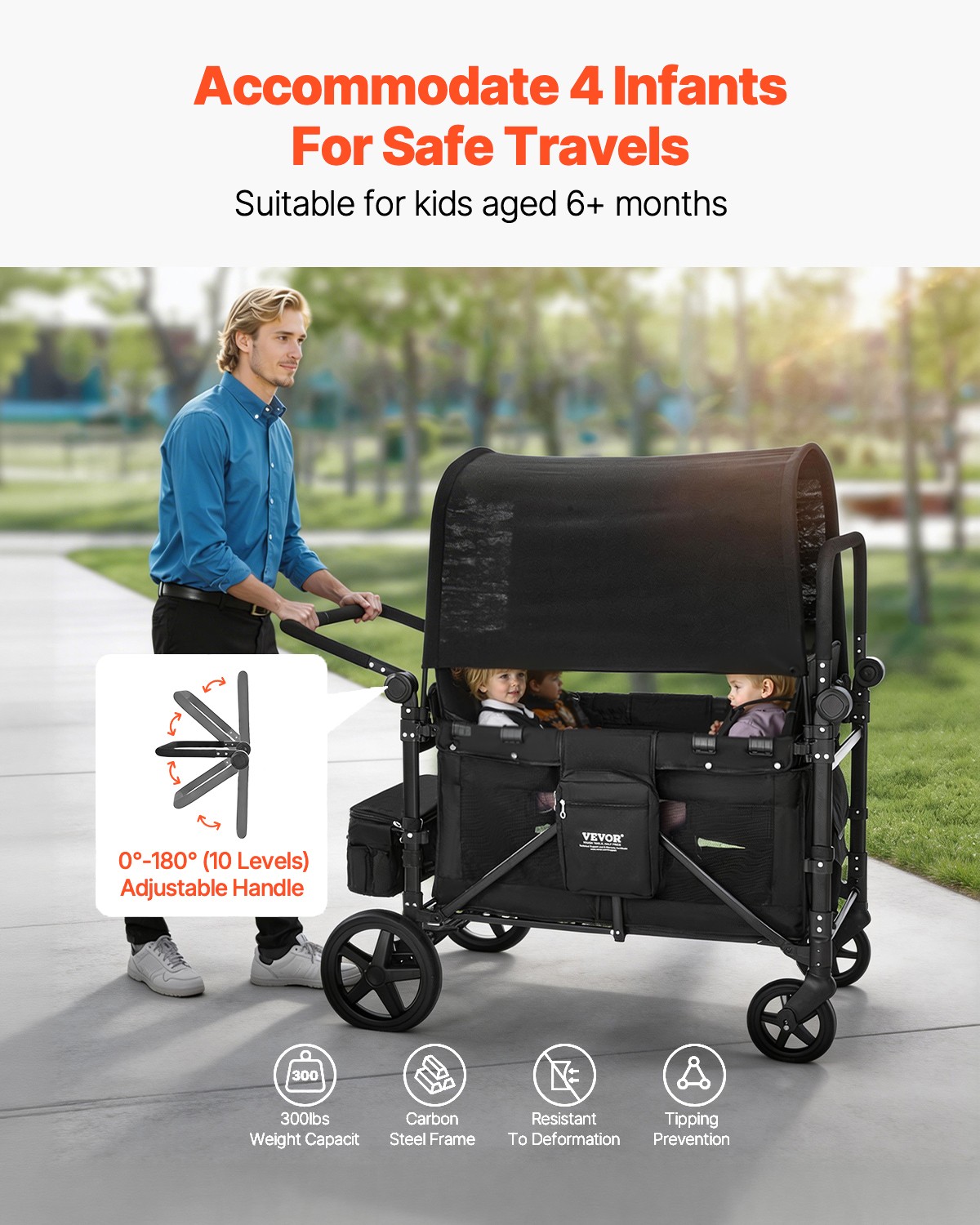VEVOR Wagon Stroller 4 Kids Push Pull Quad Collapsible Stroller 330LBS Loading