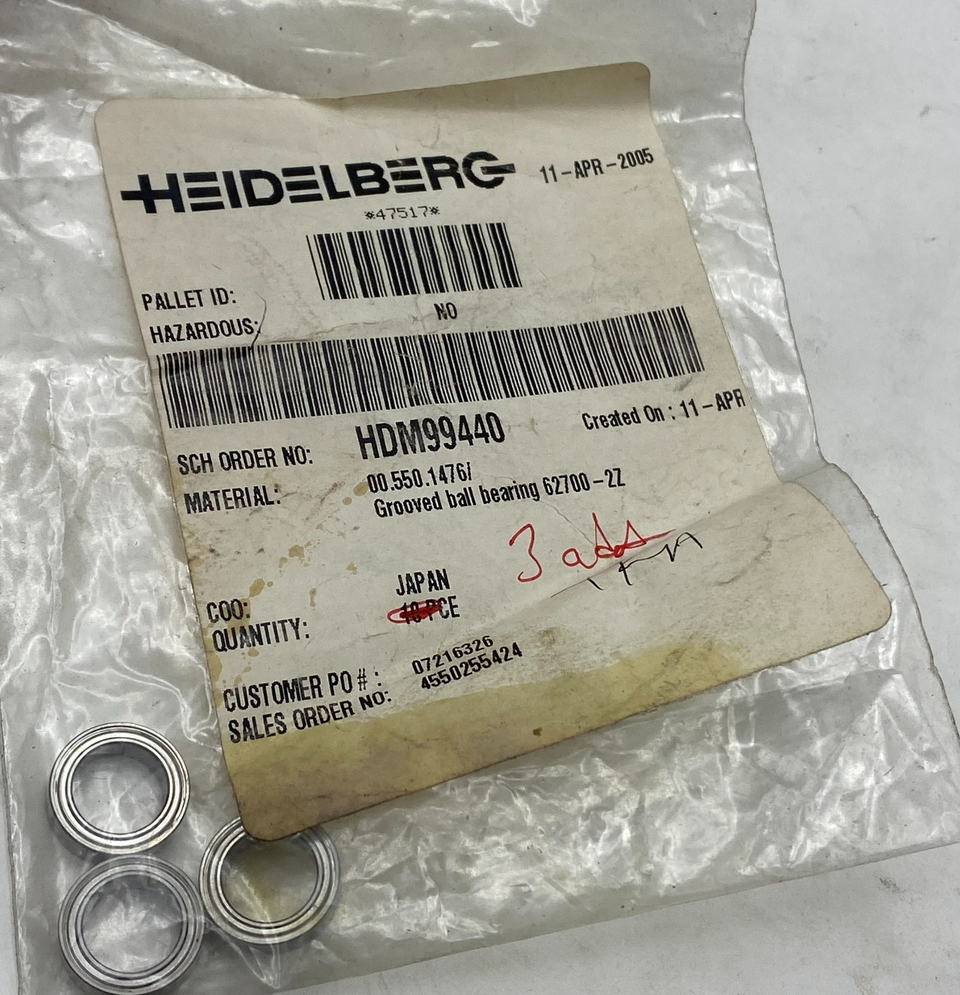 PACK OF 3 HEIDELBERG 00.550.1476 Grooved Ball Bearing 62700-2Z HDM99440 🎯