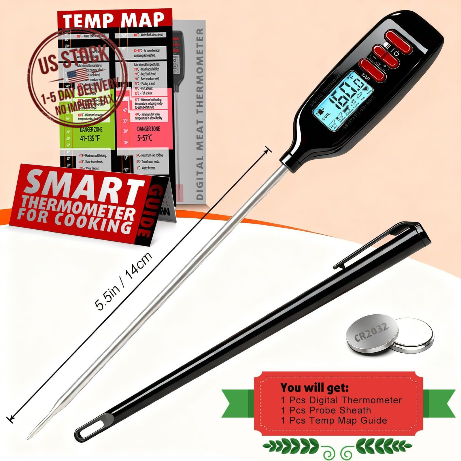 Instant Read Food Thermometer Long Probe for Cooking Grilling Baking BBQ Kitchen