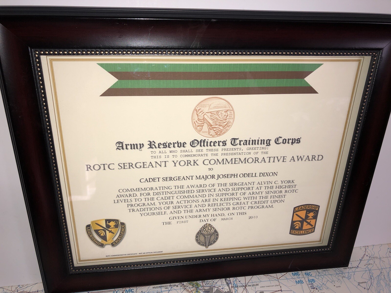 ARMY R.O.T.C. / SGT  YORK COMMEMORATIVE AWARD CERTIFICATE