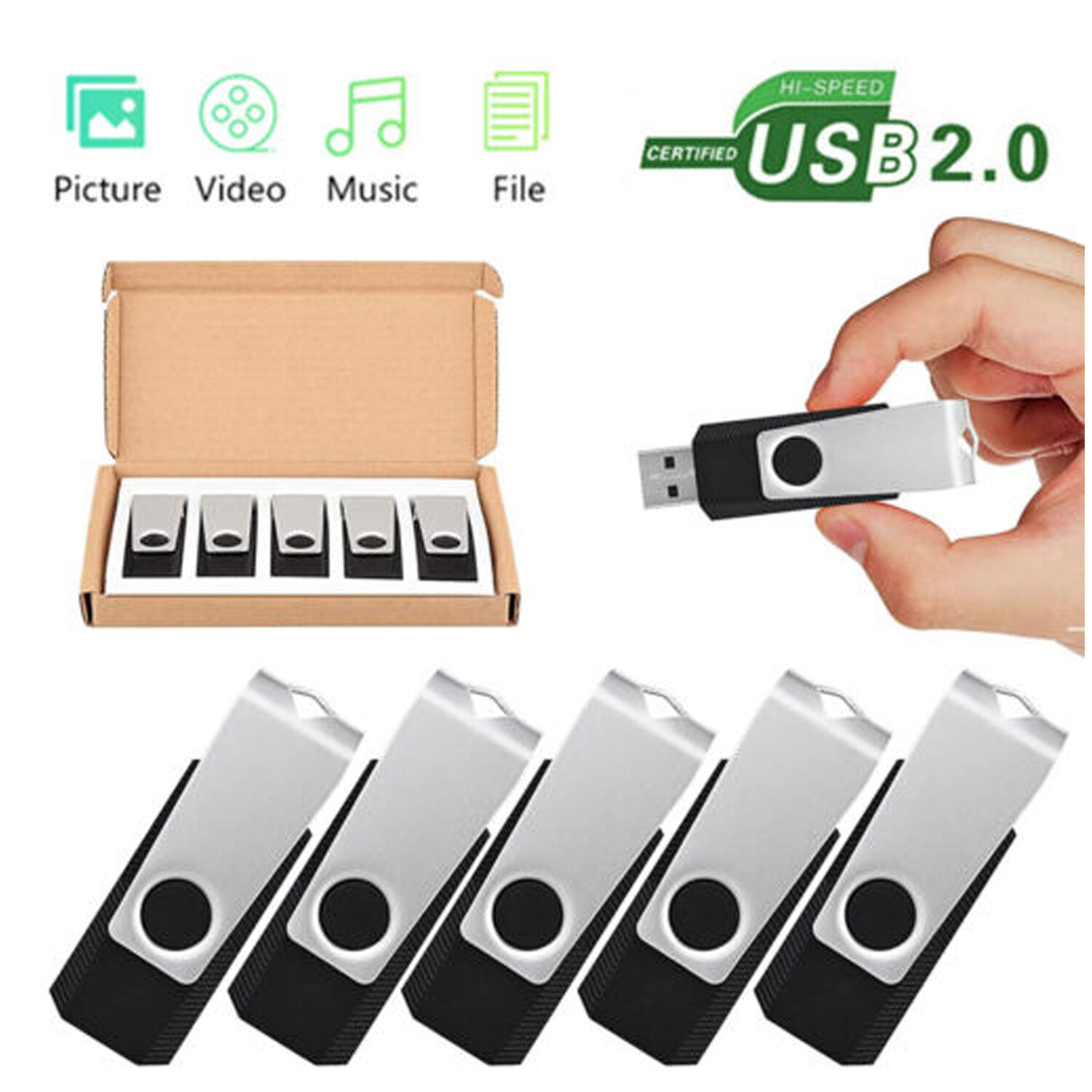 Kootion USB 2.0 5PCS 16GB Metal Swivel Style USB Flash Drive Memory Stick Black
