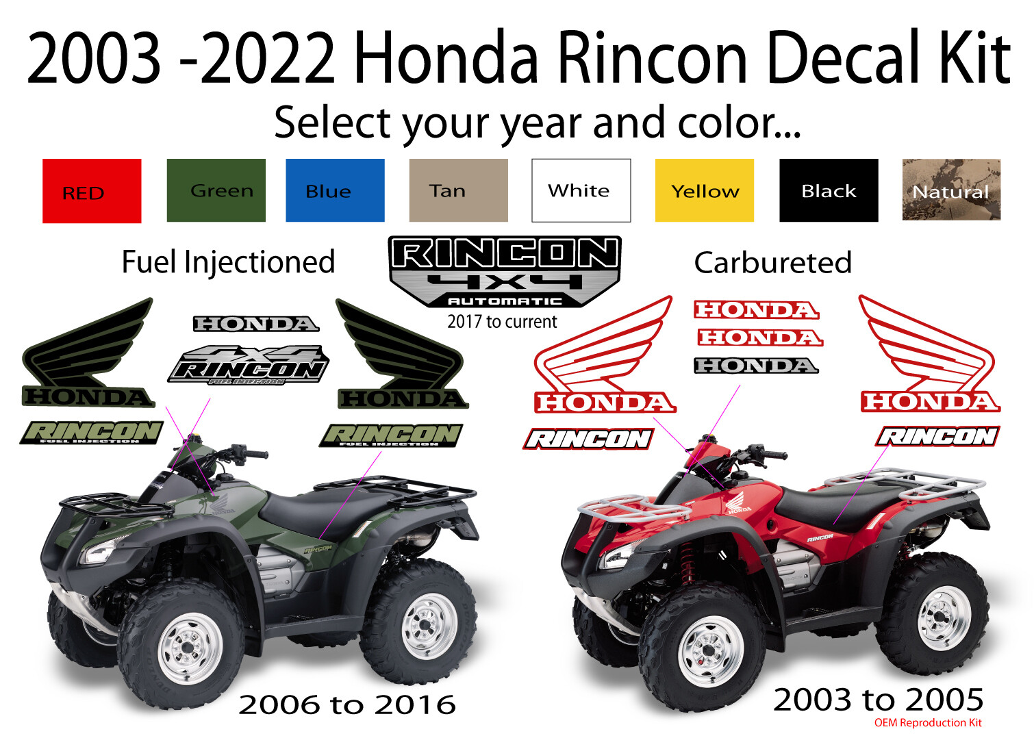 2003 2006 2008 2017 2022 OEM Honda Rincon 4x4 Decal kit Graphics Marks sticker