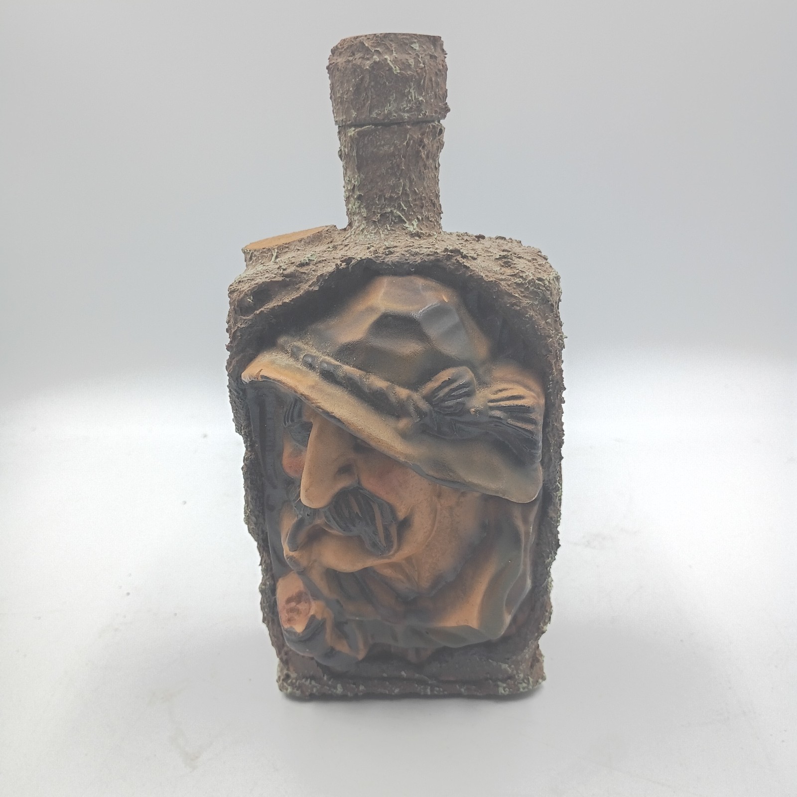 DEUTSCHES ERZEUGNIS BOTTLE EMBELLISHED GERMAN LIQUOR BOTTLE CARVED MAN PIPE