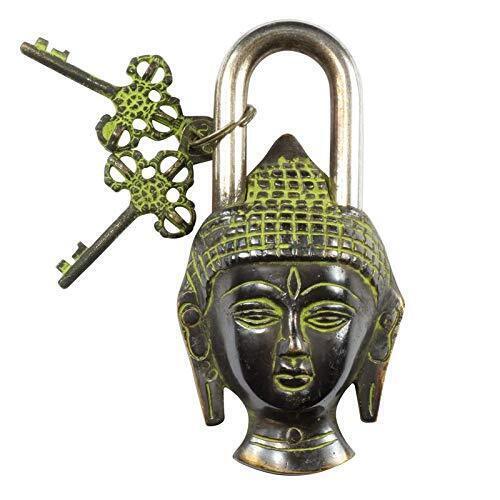 Lord Buddha Handmade Vintage Finish Garden Brass Padlock with Keys Rare Padlock