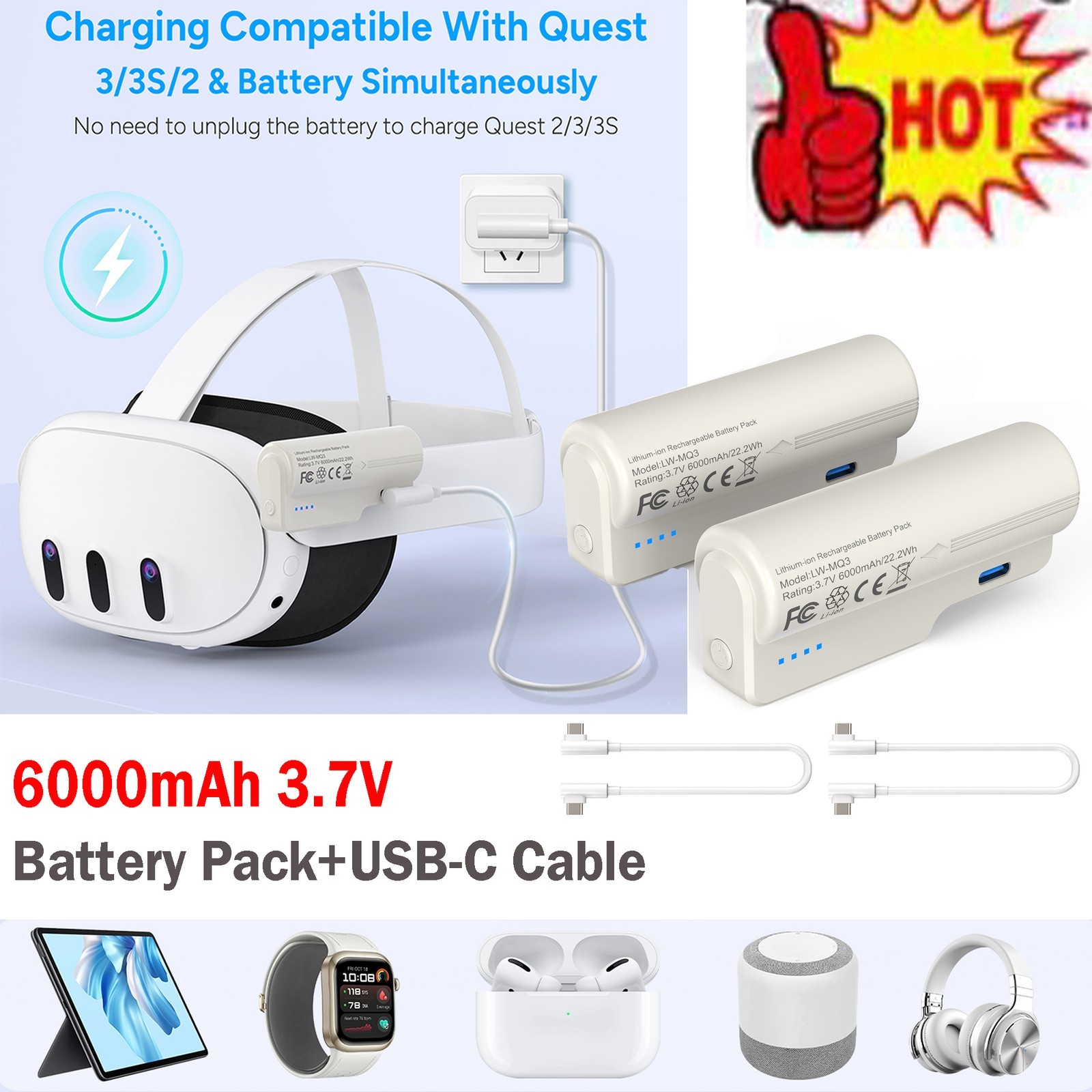 6000mAh Battery Pack For Meta Quest 3/3S & Quest 2, Fast Charging w/ USB-C Cable
