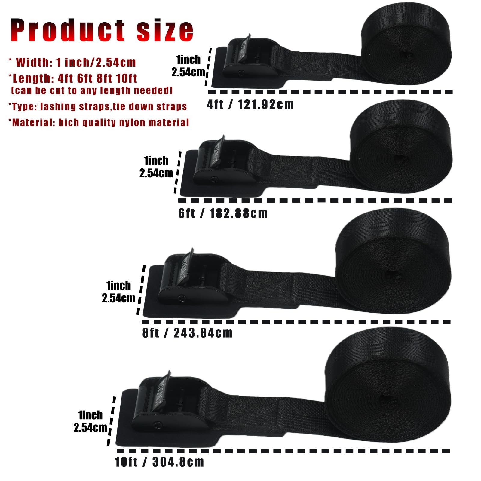 4 Pack Cam Buckle Tie Down Straps Adjustable Lashing 1''×8', Black