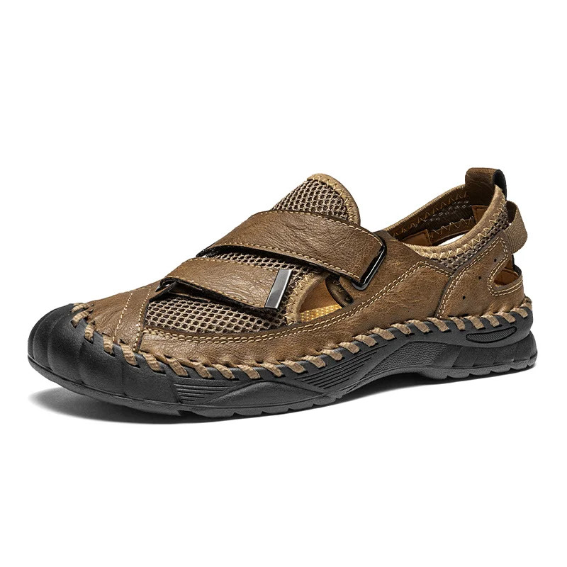 Genuine Leather Mesh Upper Handmade Sewing Breathable Sandals Men's Shoes