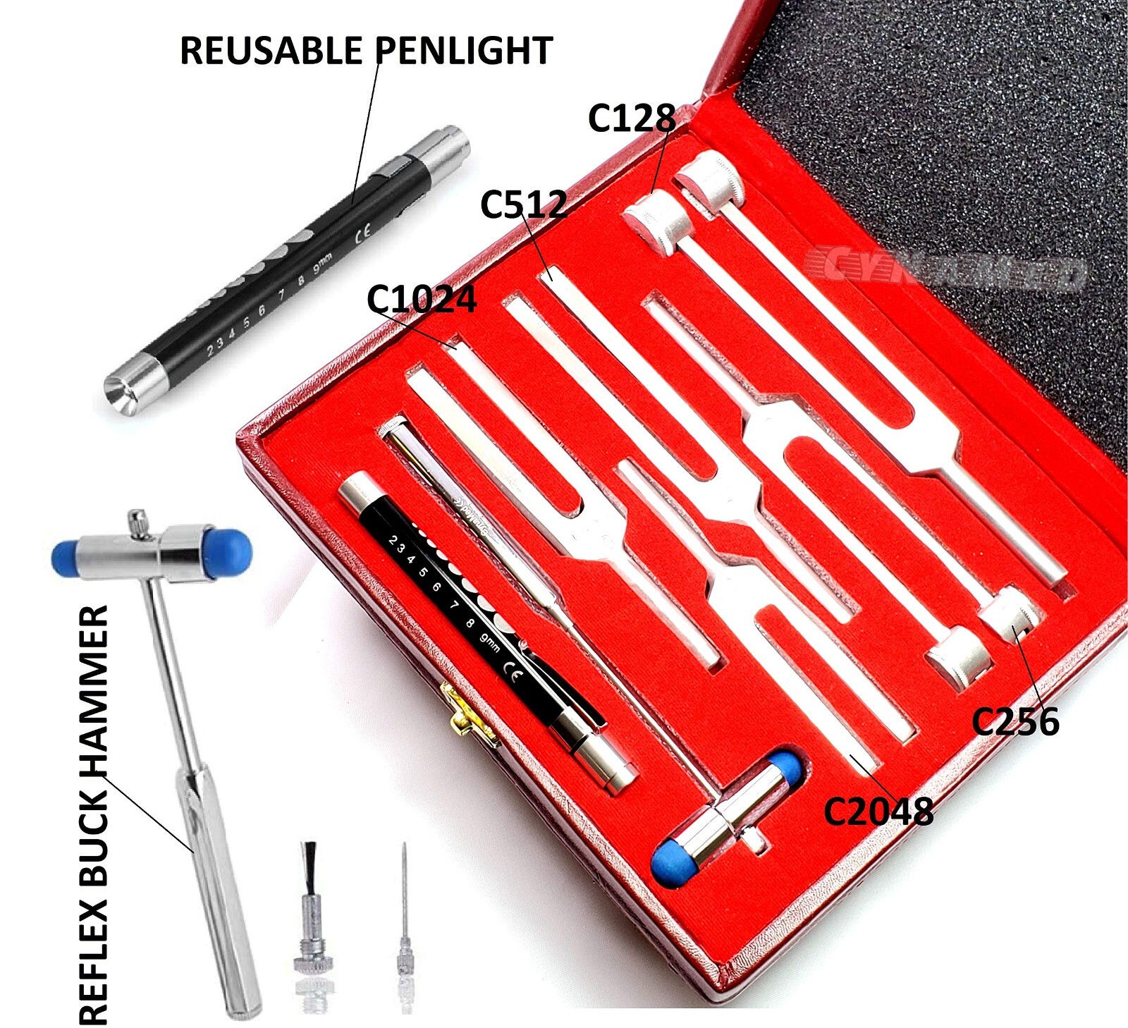 Tuning Fork Set of 7 - Medical Surgical Diagnostic instruments+ FREE PEN LIGHT