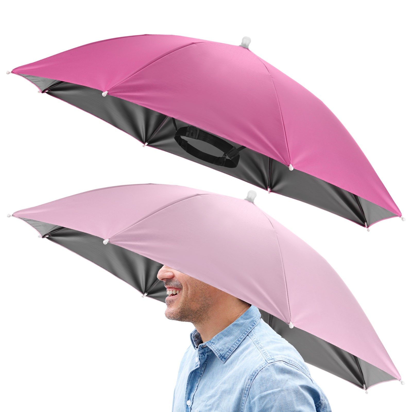 2 Pcs 26" Headband Umbrella Hat Umbrella Cap for Outdoor [Rose Red+Pink]
