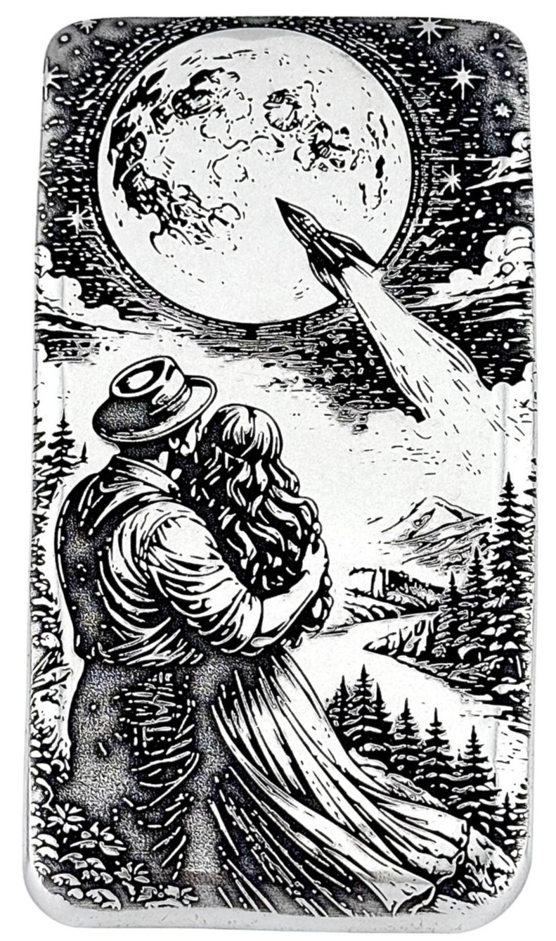 10 ozt 999 Fine Silver Art Bar - FLY ME TO THE MOON - ADAMO TECHNE - Limited