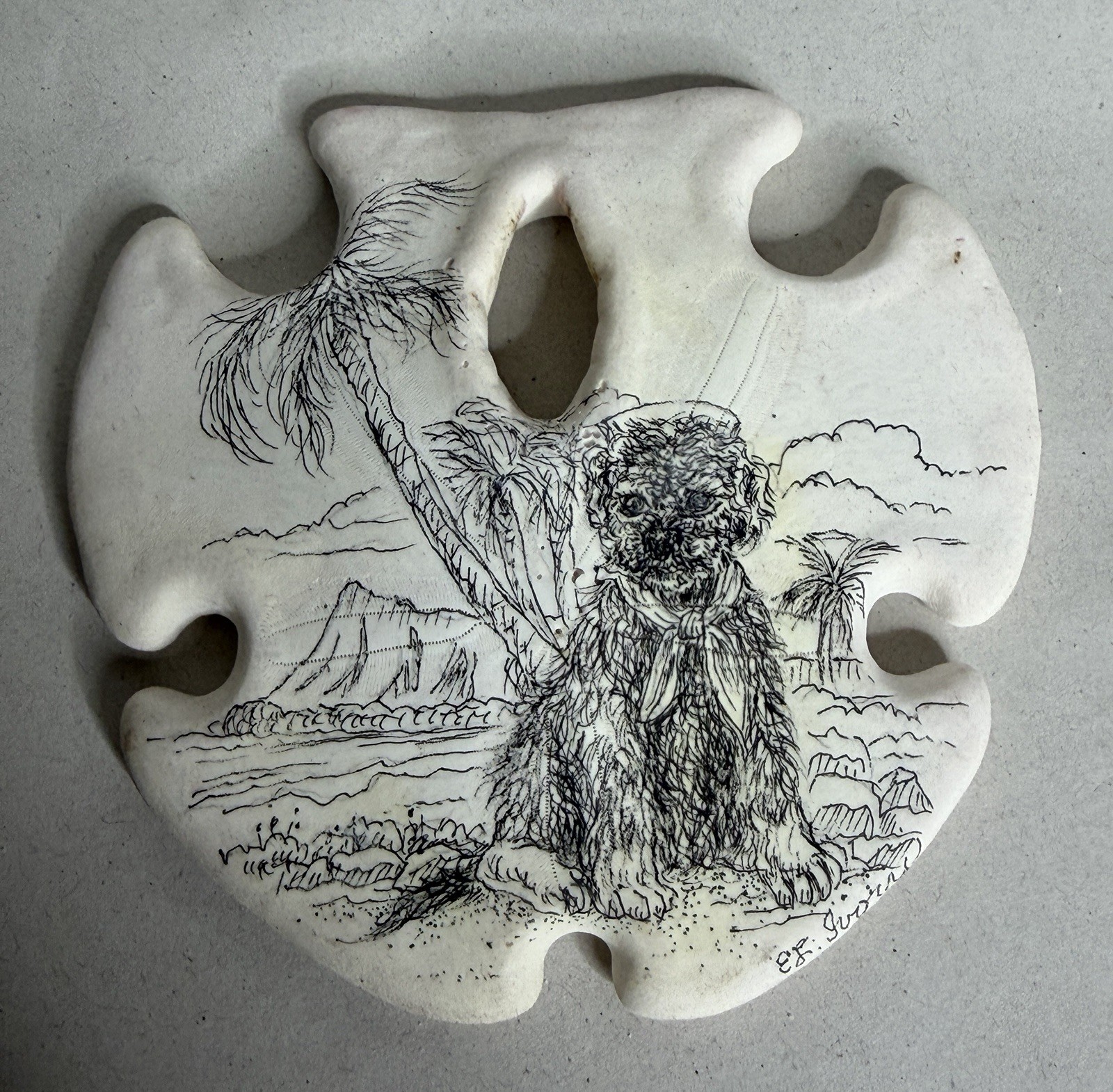 Vtg Sand Dollar Dog Art Original Hand Drawn Signed Mixed Media Coastal Decor