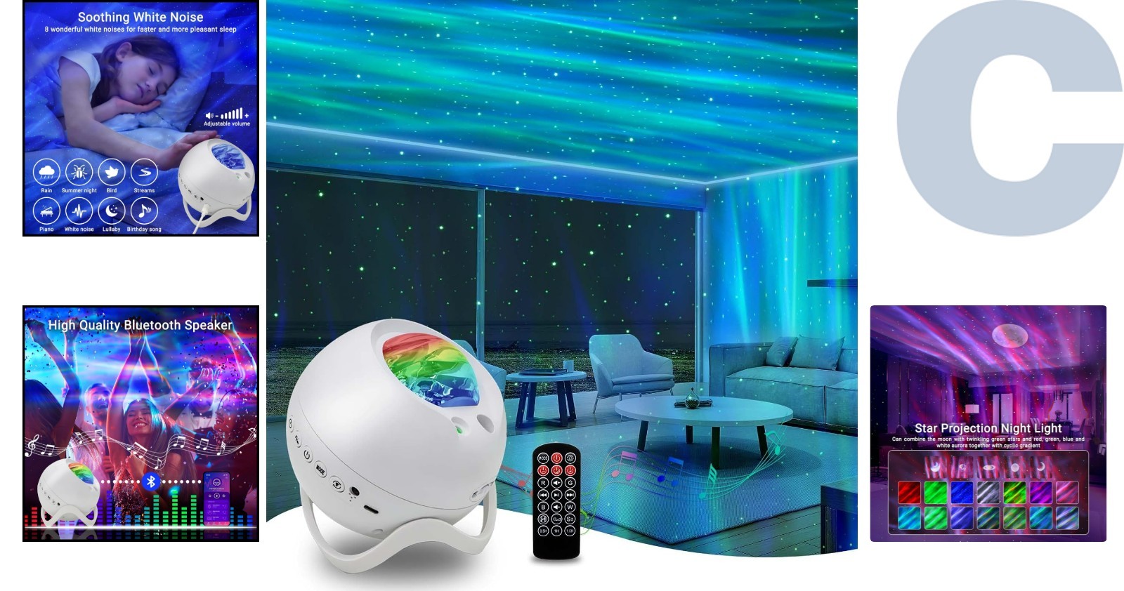 Multi-Mode Northern Lights Projector with 360° Projection & Bluetooth, 5.3in