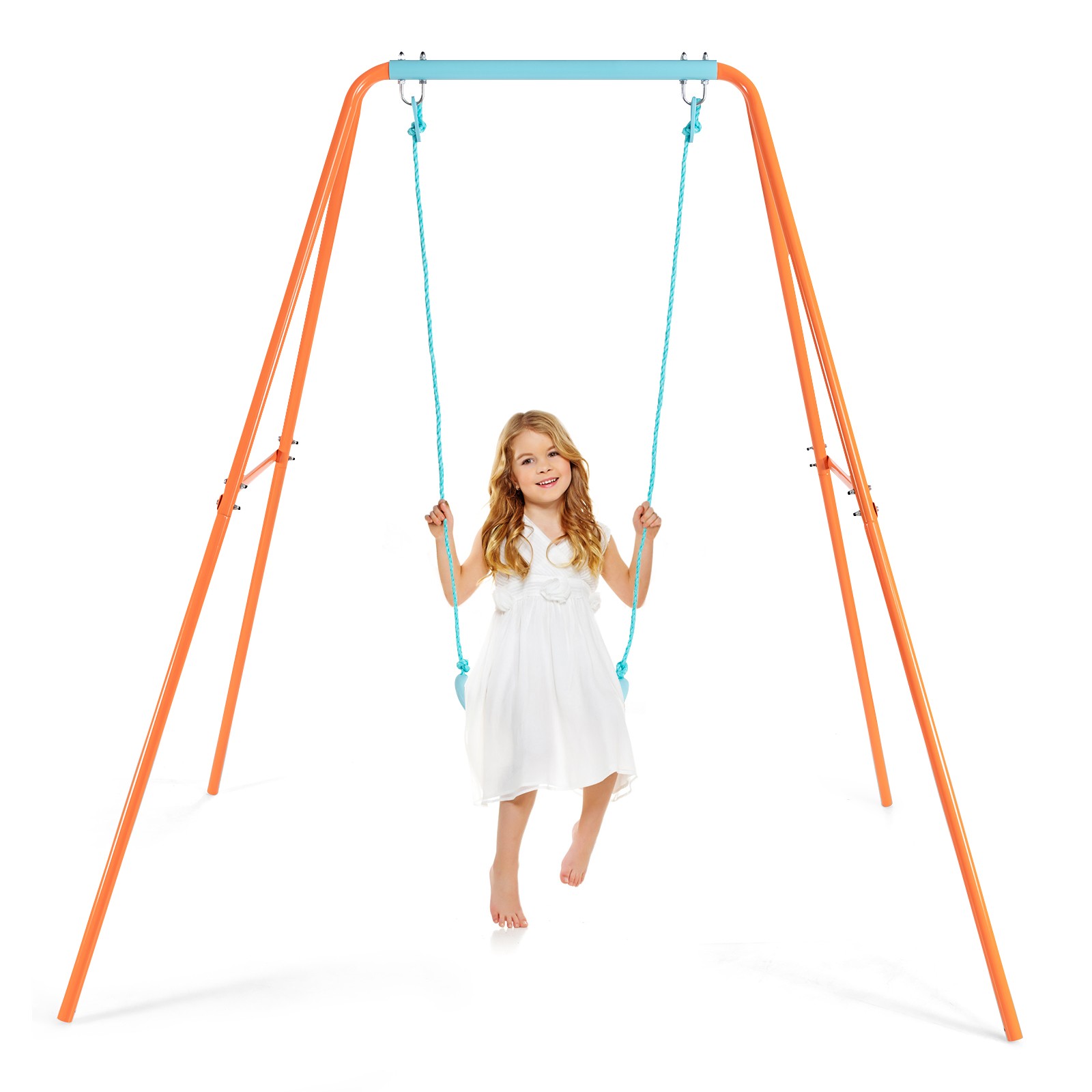 Costway Outdoor Kids Swing Set Heavy Duty Metal A-Frame w/Ground Stakes Orange
