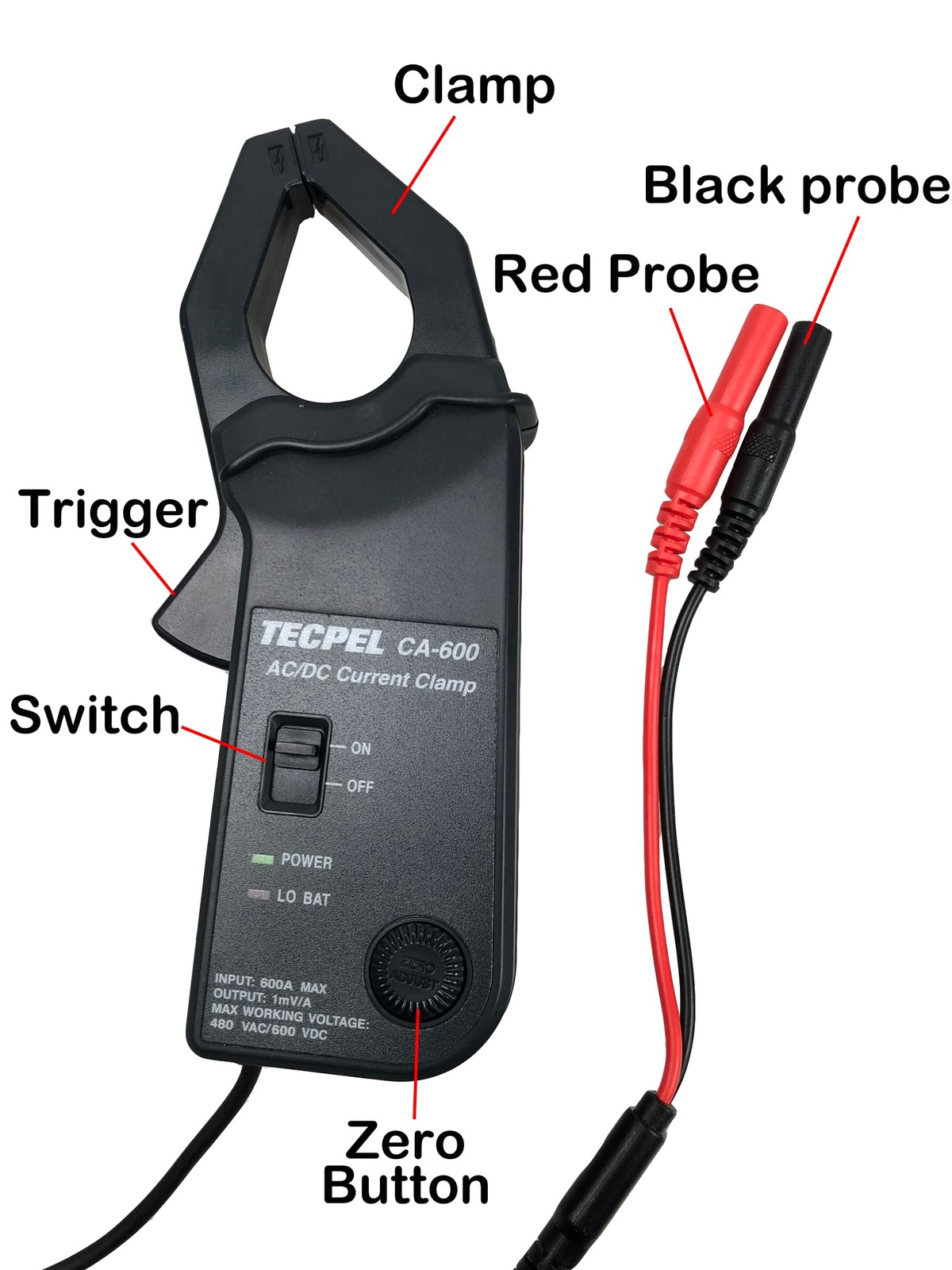 TECPEL CA-600 AC/DC Current clamp Transmitter Probe 600A Black