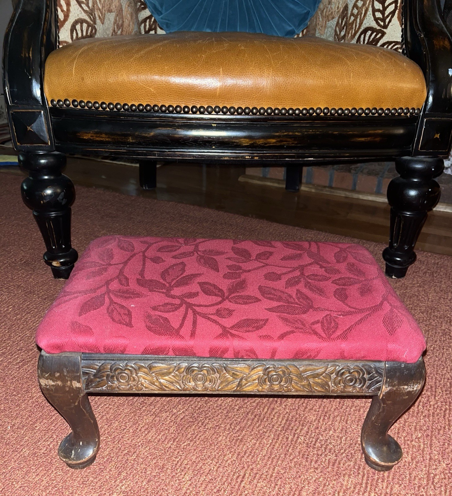 Vintage Red Queen Anne Style Footstool Antique Fabric Covered Handsome!