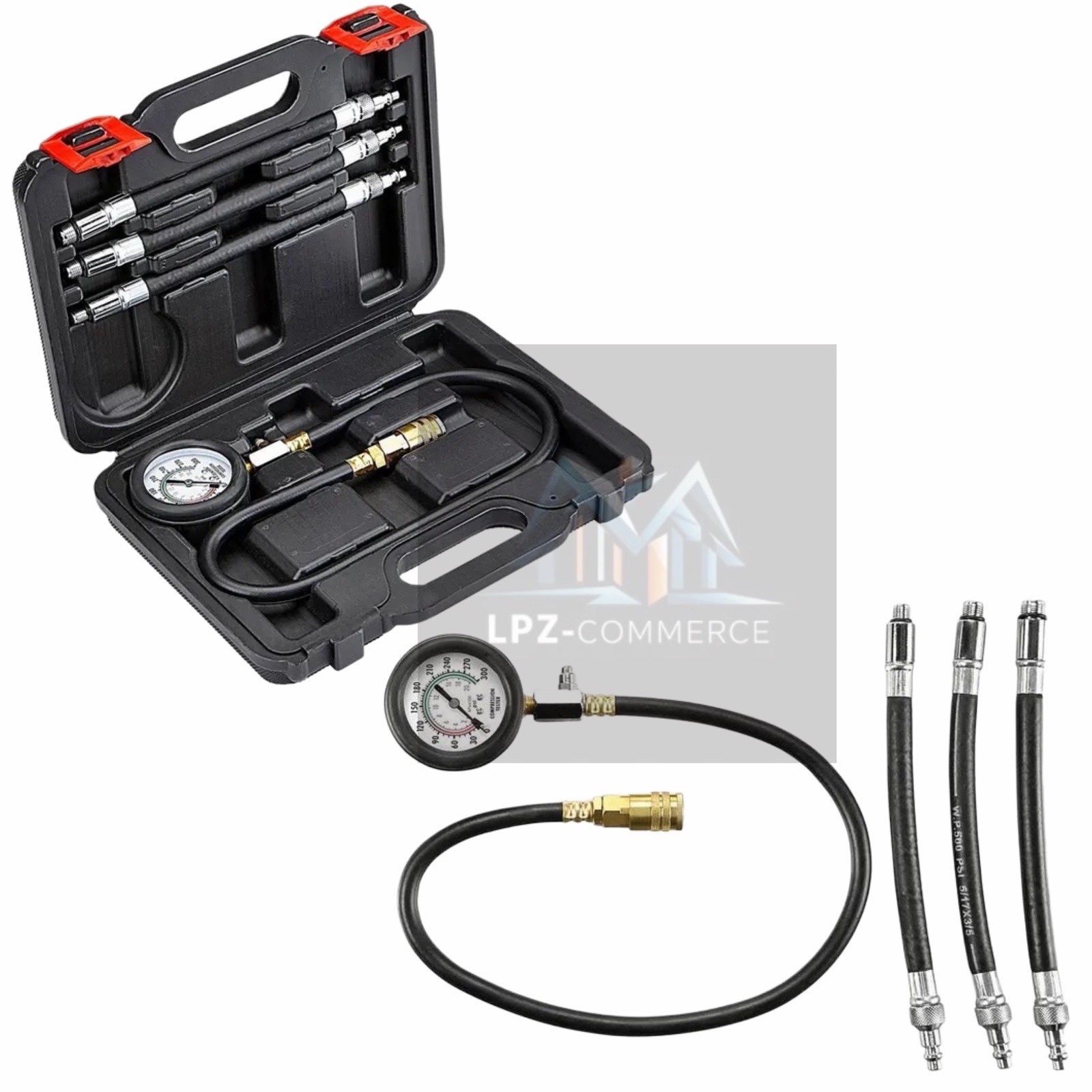 Compression Tester Kit 0–300 PSI w/ Hose & Adapters